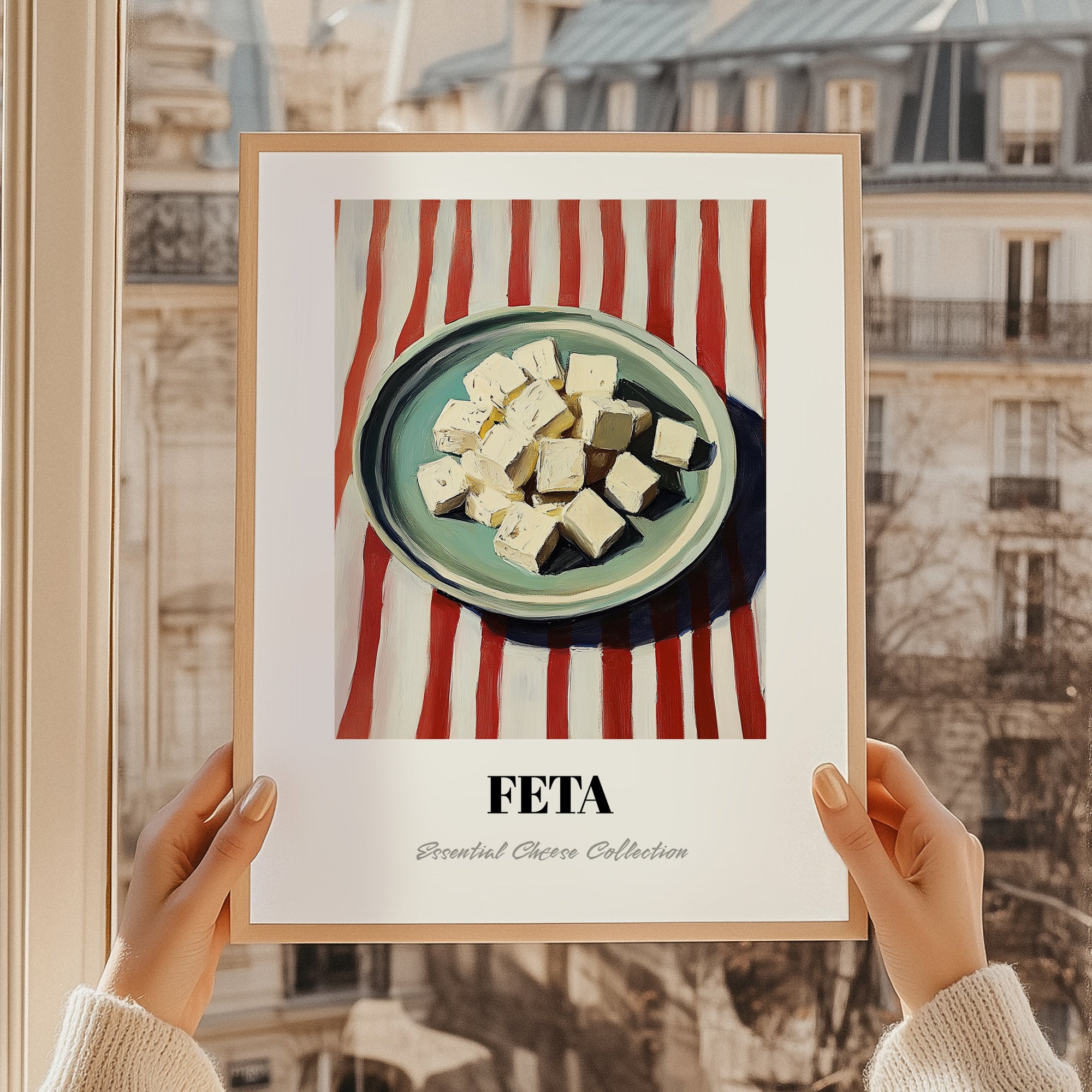 Feta – on Striped Tablecloth, Cheese Print, styled in a charming Paris street view