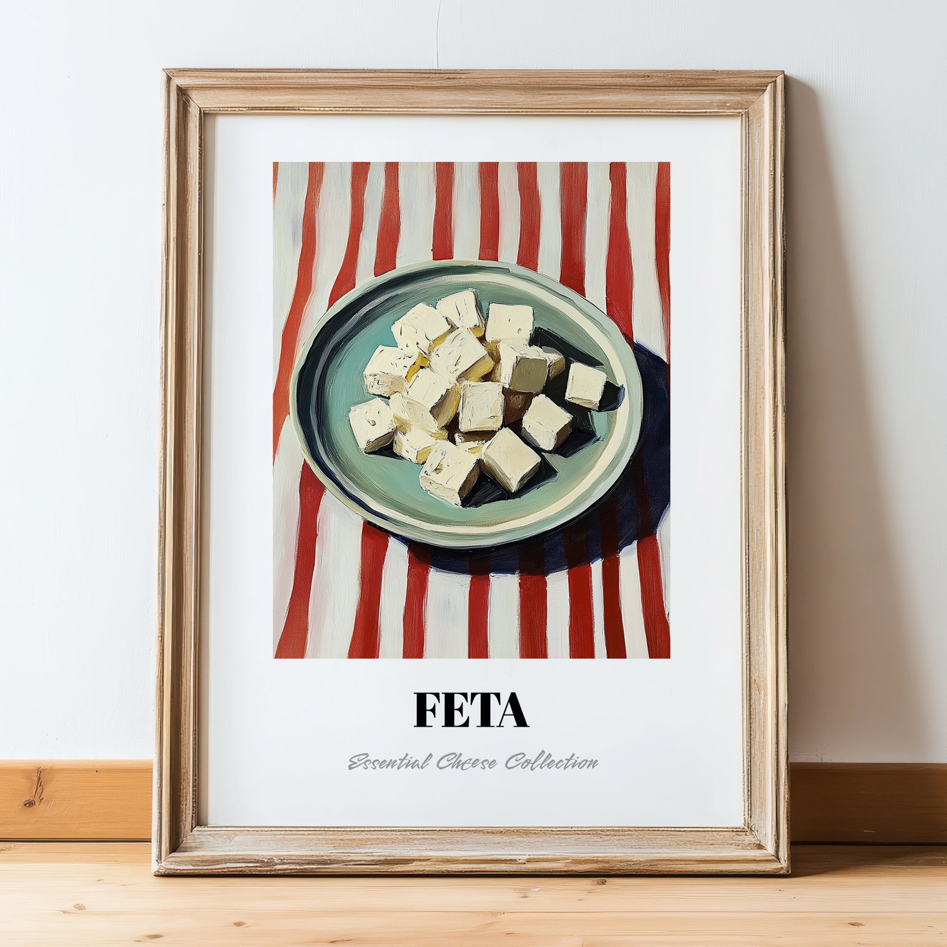 Feta – on Striped Tablecloth, Cheese Print, in wooden frame leaning on the floor