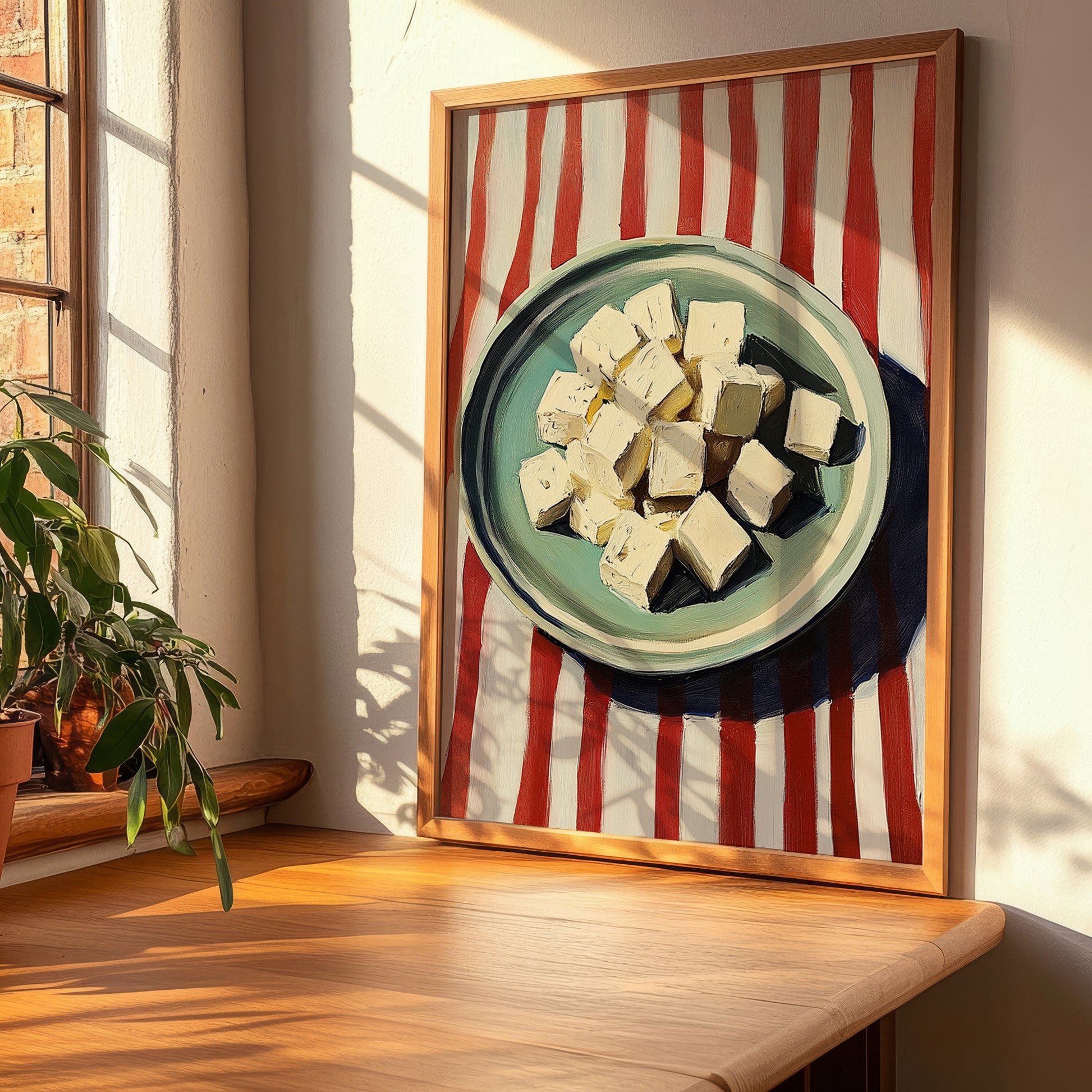 Feta – on Striped Tablecloth, Cheese Print, clean layout with no caption