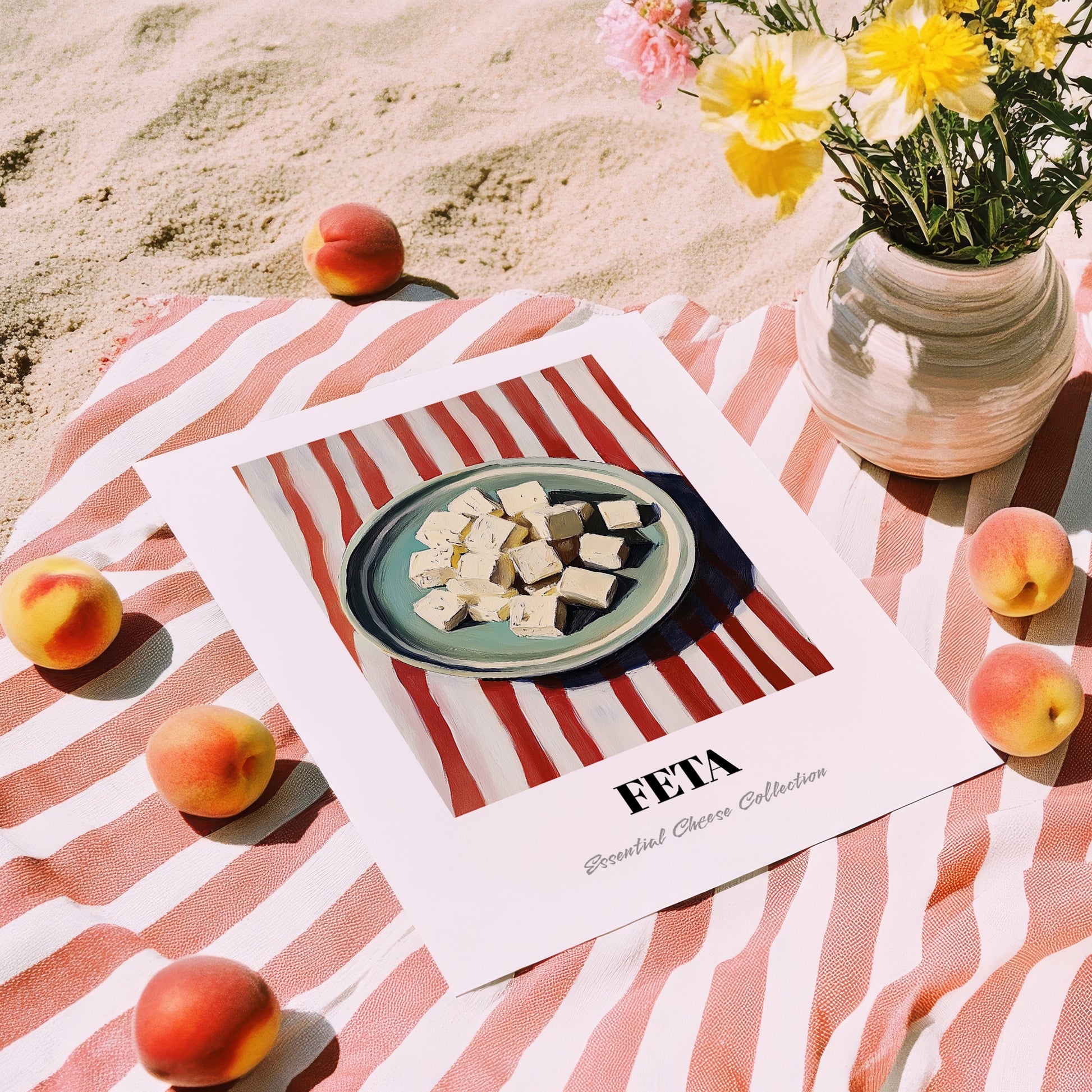 Feta – on Striped Tablecloth, Cheese Print, unframed on coastal sand