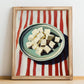 Feta – on Striped Tablecloth, Cheese Print, no-text version framed in wood