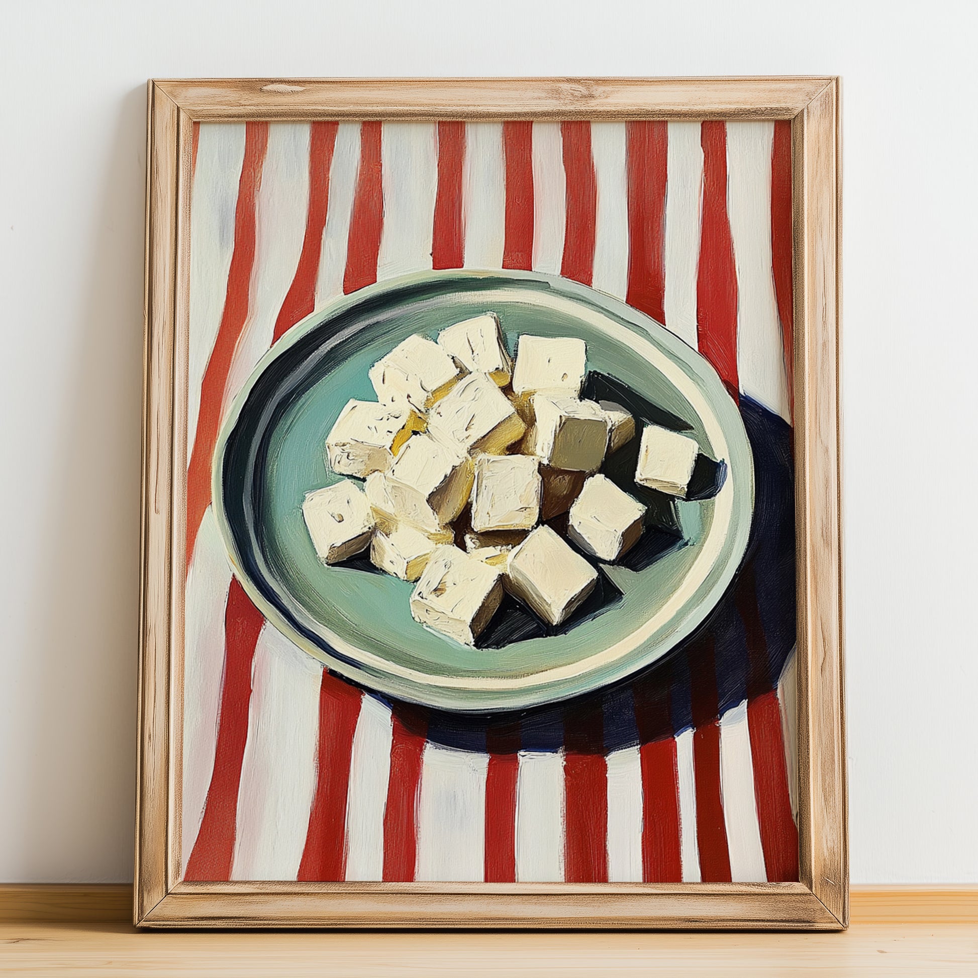 Feta – on Striped Tablecloth, Cheese Print, no-text version framed in wood