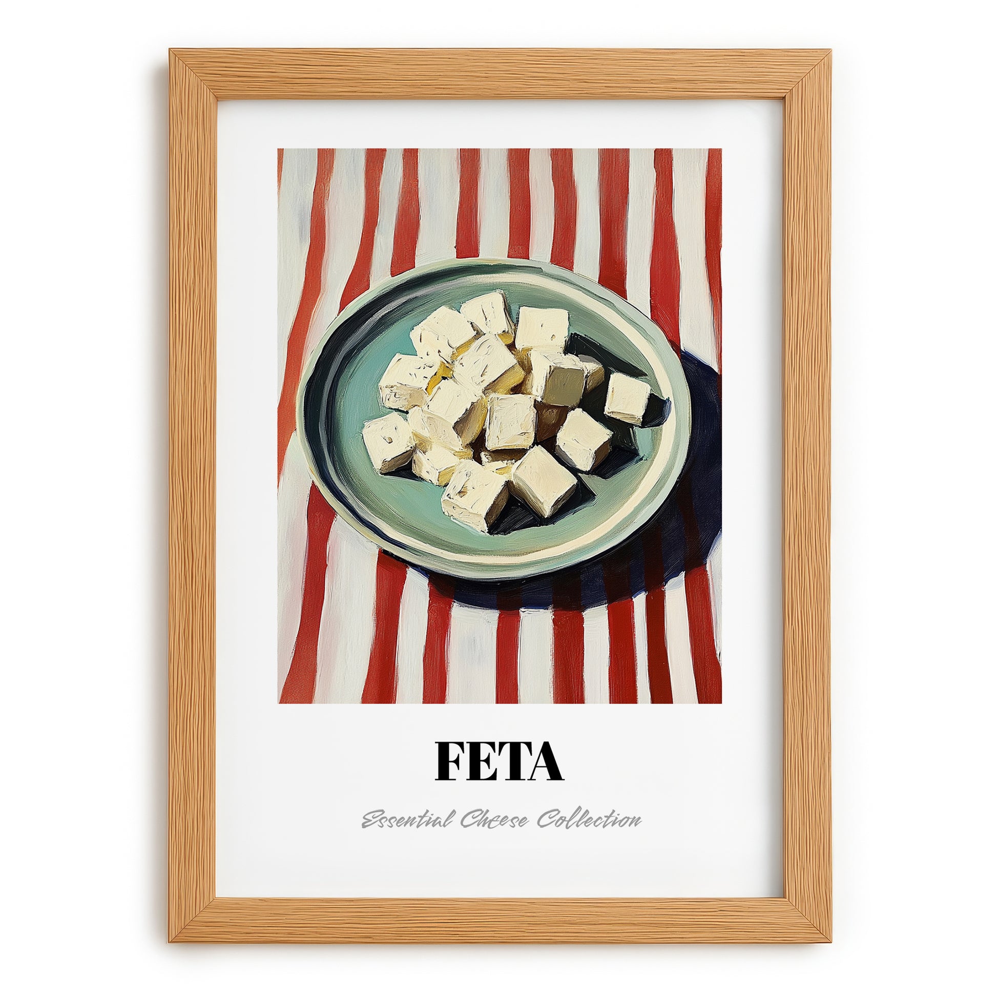 Feta – on Striped Tablecloth, Cheese Print, set in oak frame