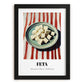 Feta – on Striped Tablecloth, Cheese Print, in sleek black frame