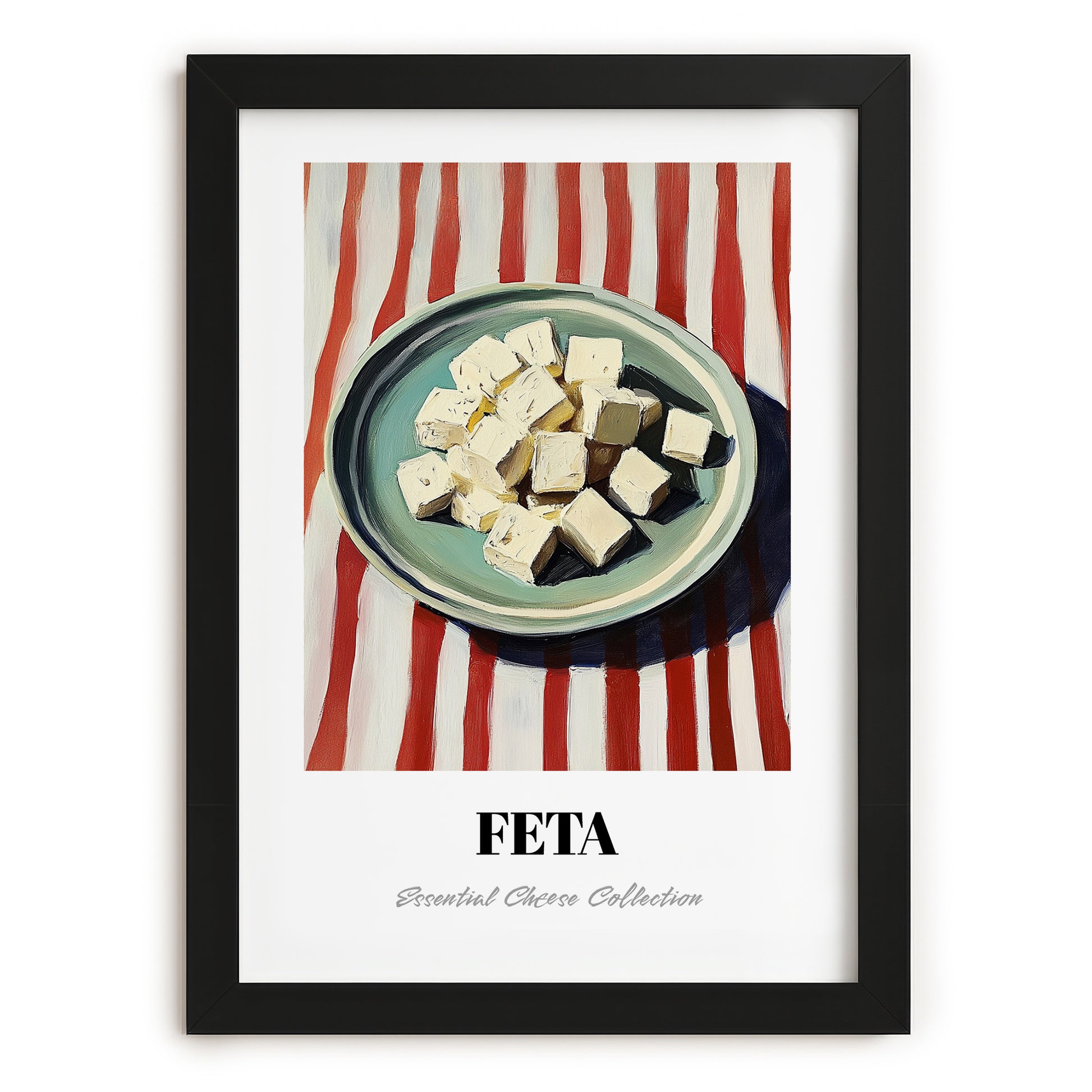 Feta – on Striped Tablecloth, Cheese Print, in sleek black frame