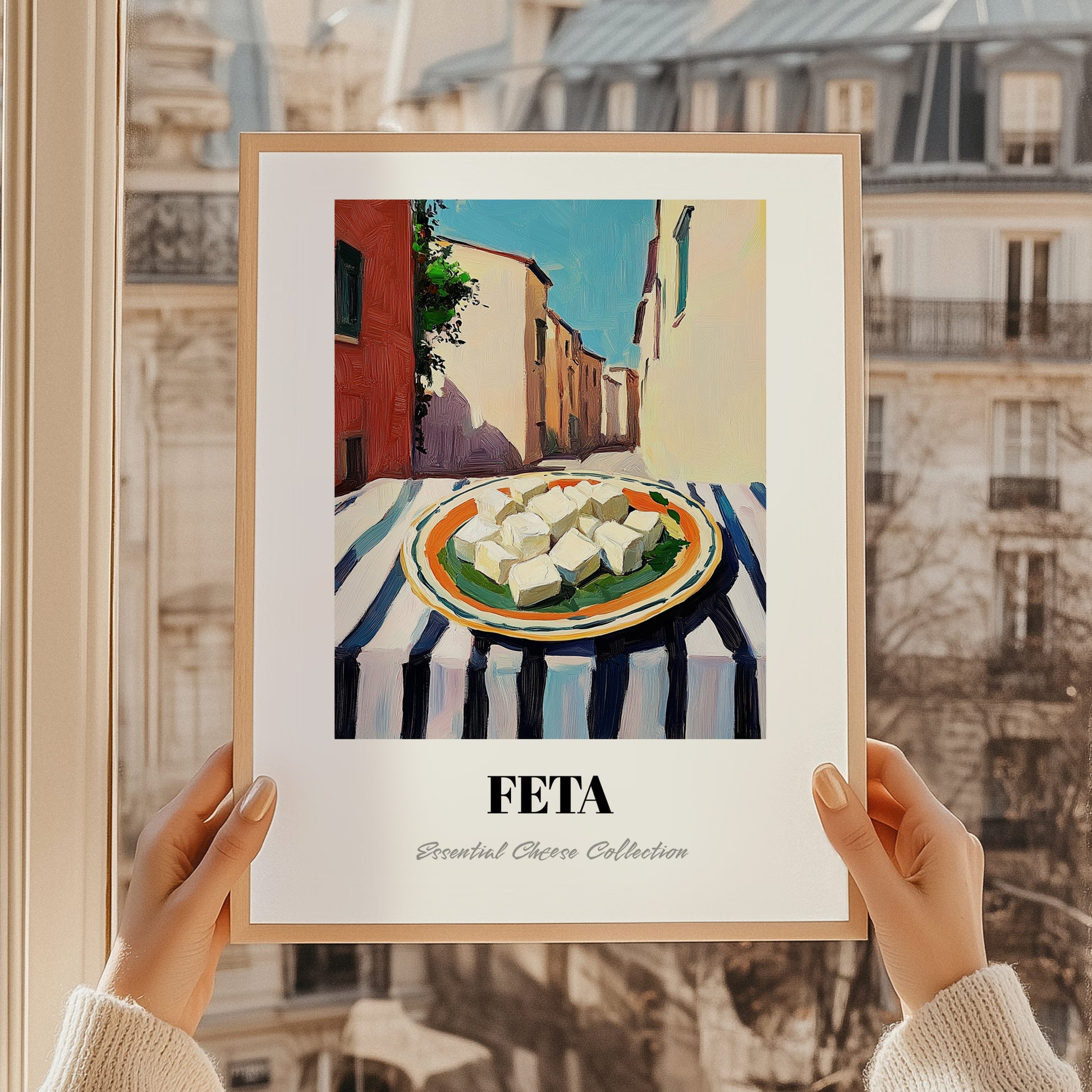 Feta – Italian Street Café Scene, Cheese Poster, styled in a charming Paris street view