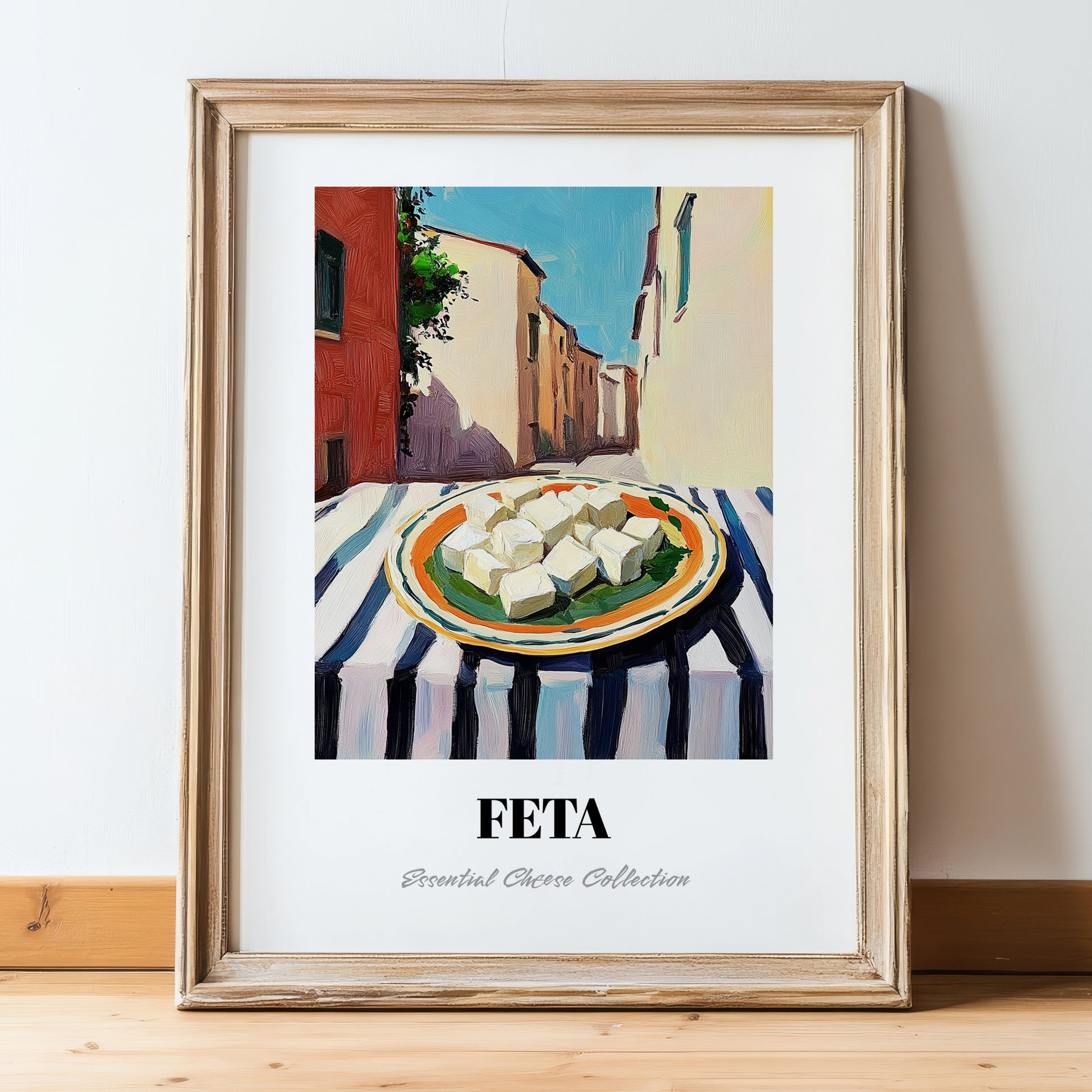 Feta – Italian Street Café Scene, Cheese Poster, in wooden frame leaning on the floor