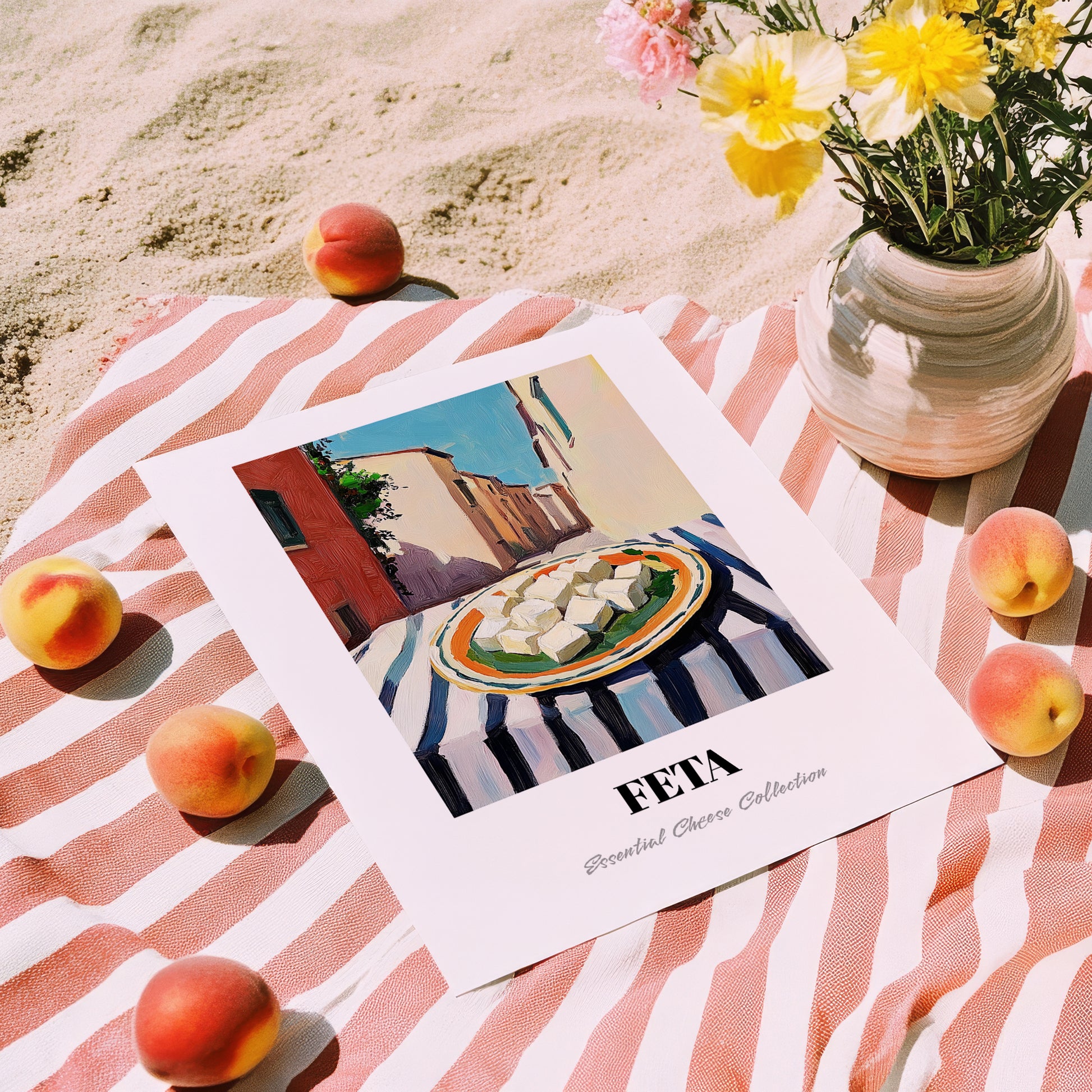 Feta – Italian Street Café Scene, Cheese Poster, unframed on coastal sand