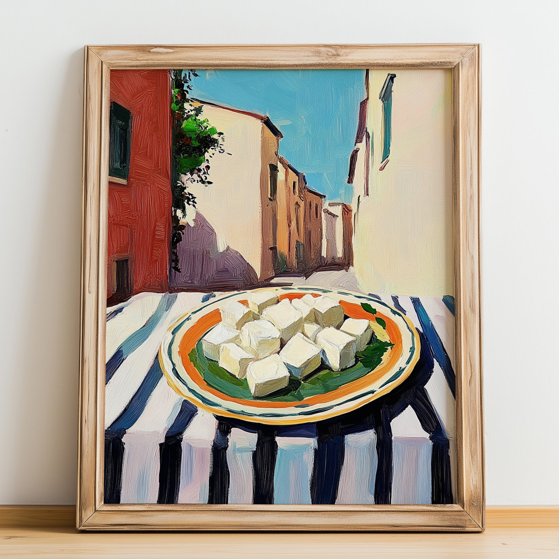 Feta – Italian Street Café Scene, Cheese Poster, no-text version framed in wood