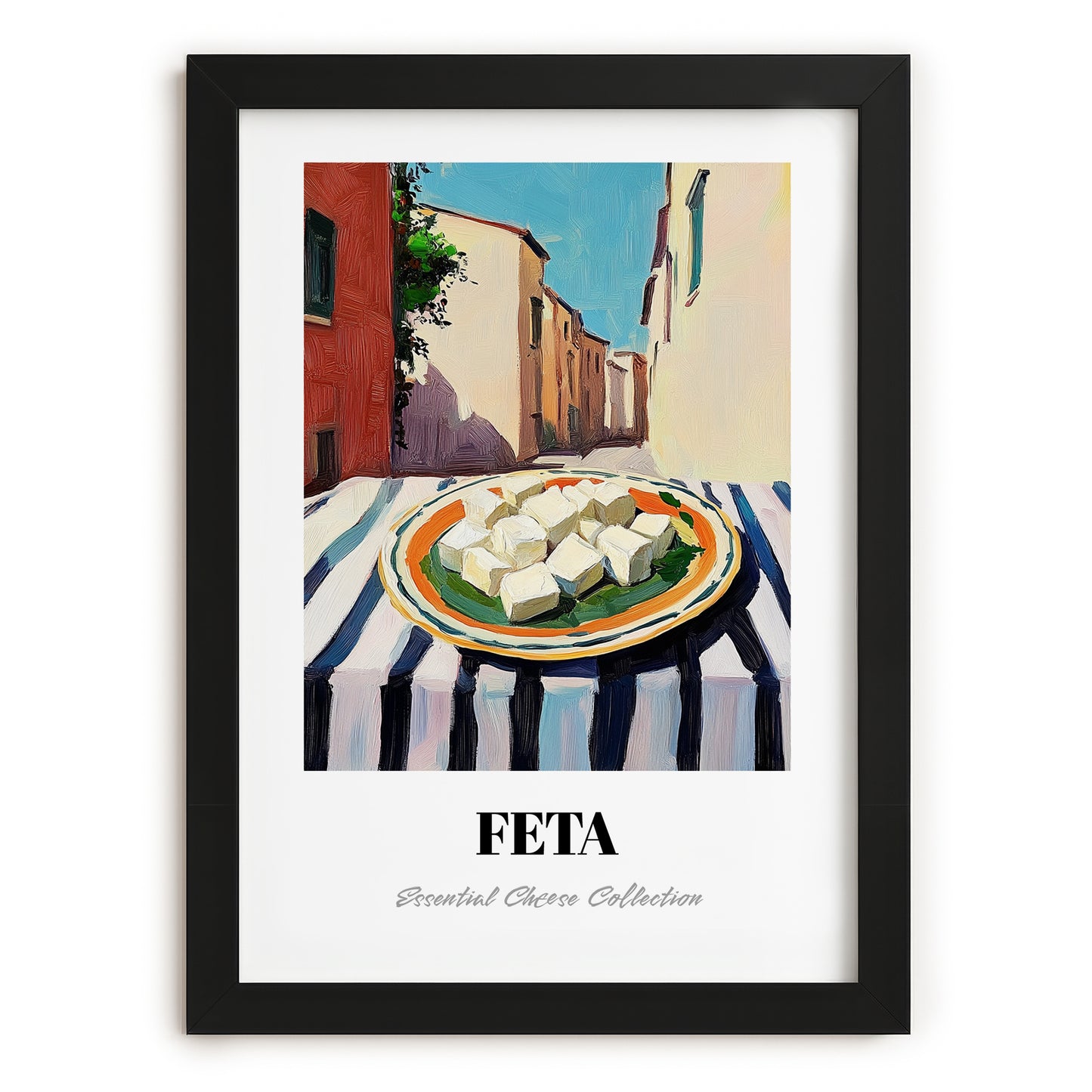 Feta – Italian Street Café Scene, Cheese Poster, in sleek black frame