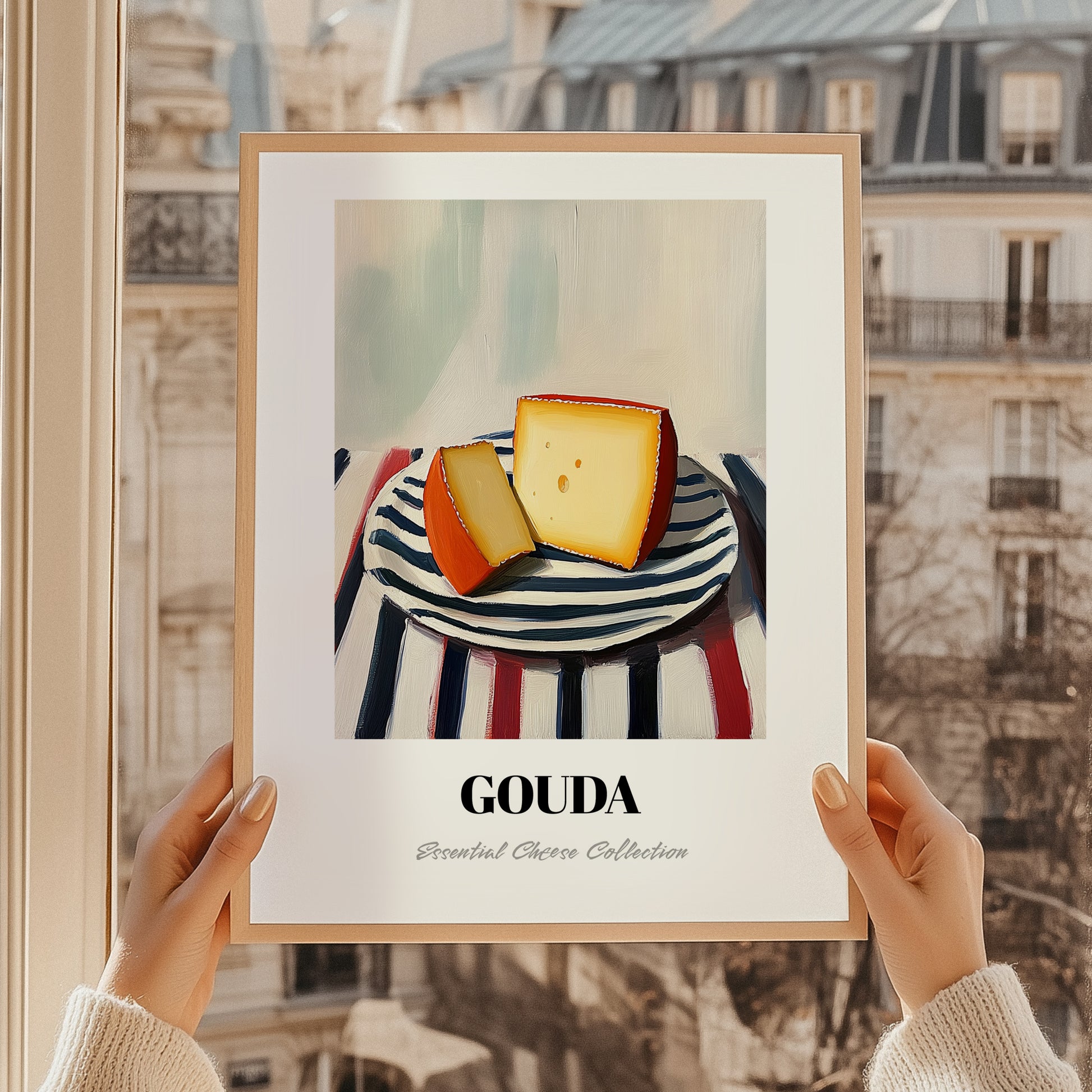 Gouda – on Striped Tablecloth, Cheese Painting, styled in a charming Paris street view