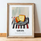 Gouda – on Striped Tablecloth, Cheese Painting, in wooden frame leaning on the floor