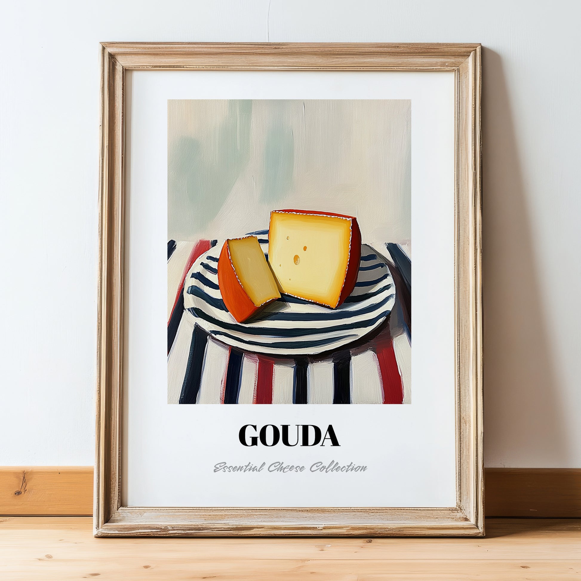 Gouda – on Striped Tablecloth, Cheese Painting, in wooden frame leaning on the floor