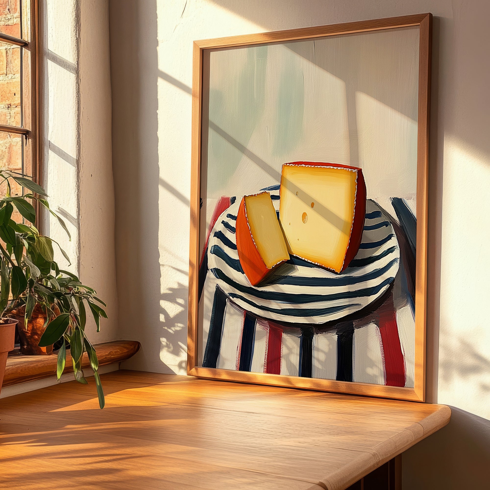 Gouda – on Striped Tablecloth, Cheese Painting, clean layout with no caption