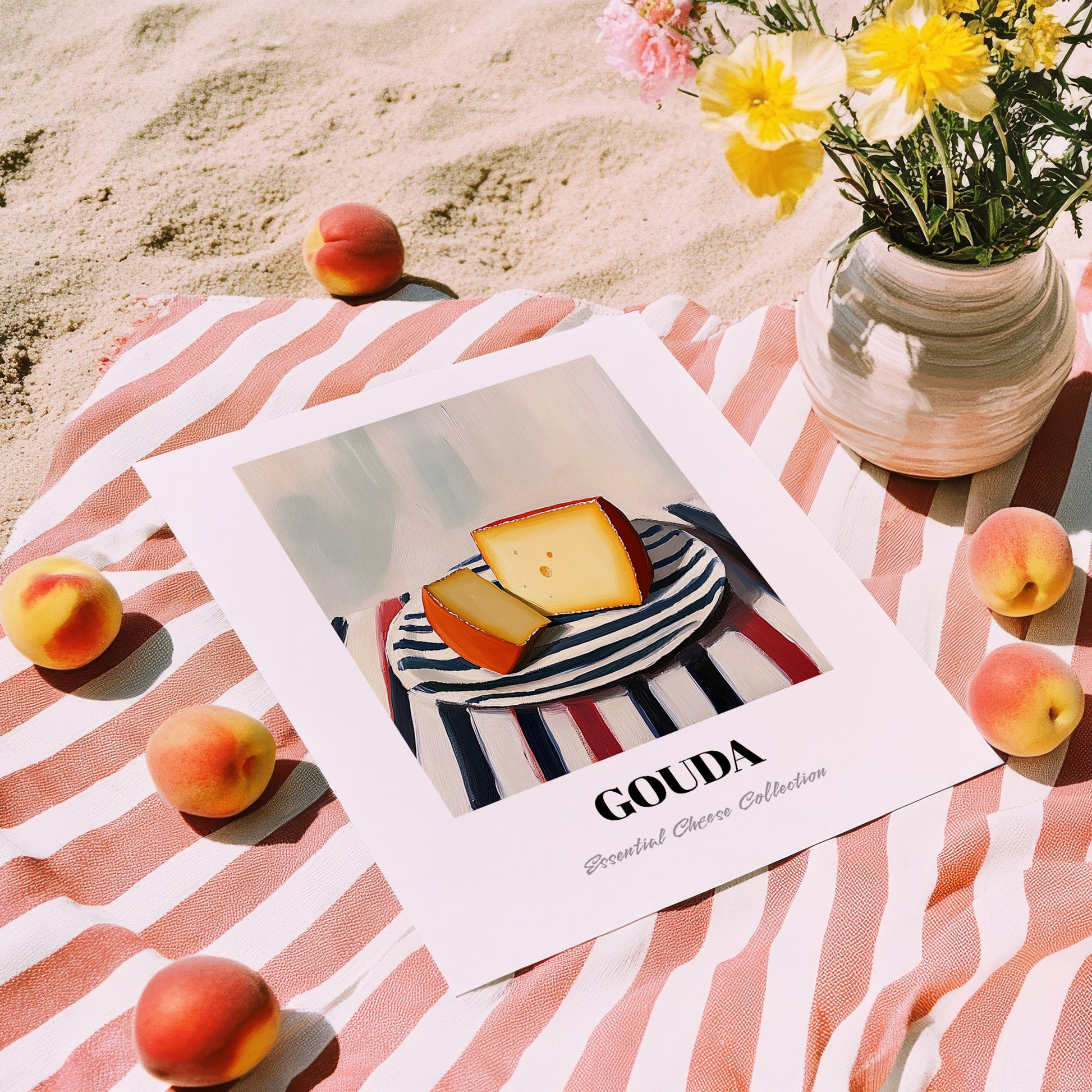 Gouda – on Striped Tablecloth, Cheese Painting, unframed on coastal sand