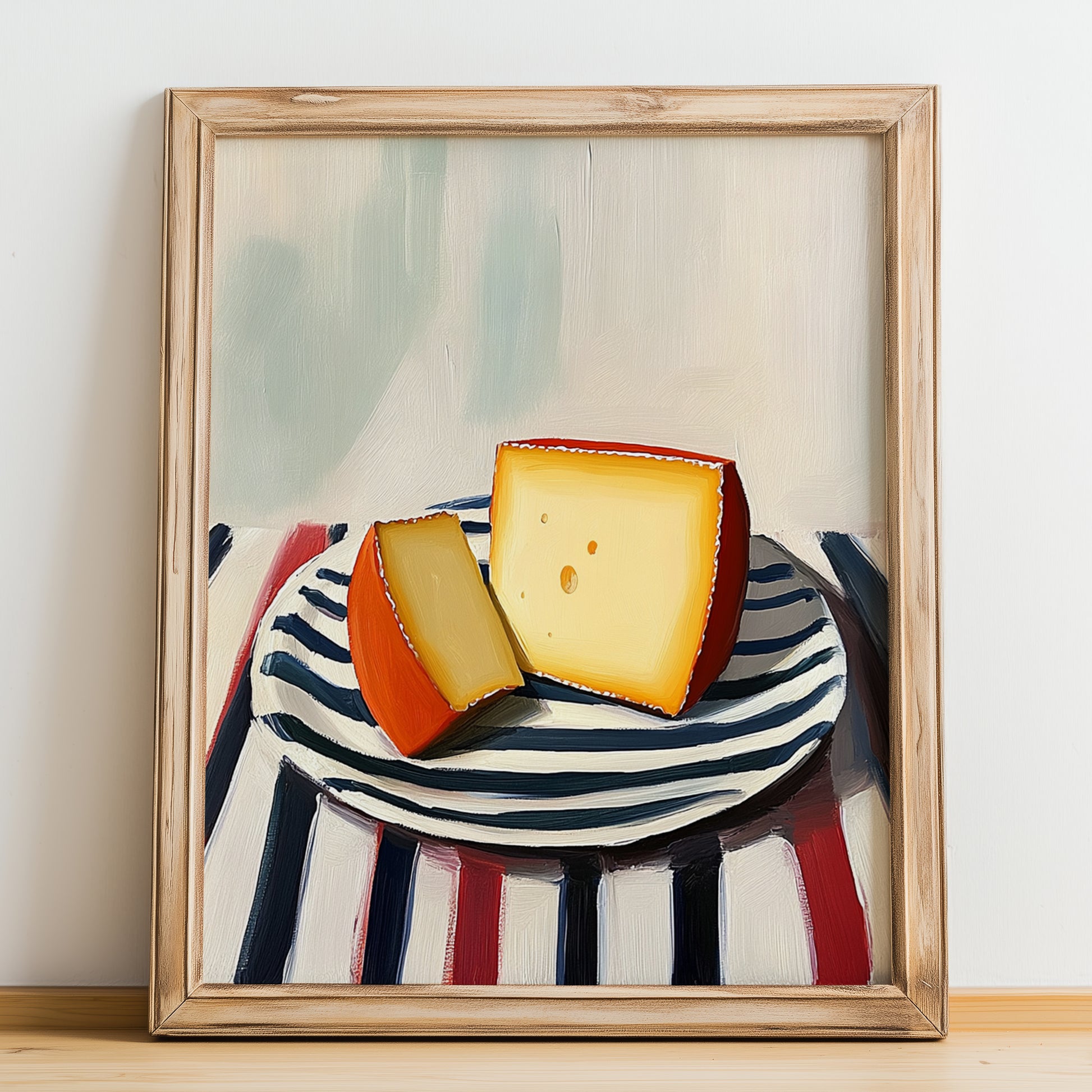 Gouda – on Striped Tablecloth, Cheese Painting, no-text version framed in wood
