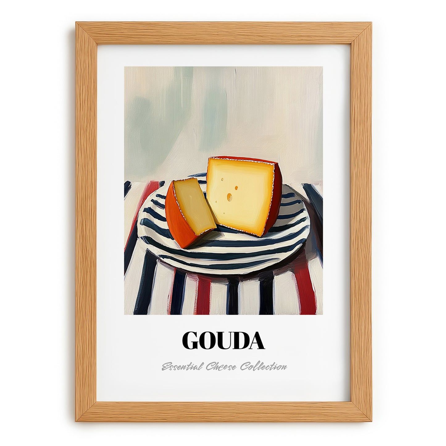 Gouda – on Striped Tablecloth, Cheese Painting, set in oak frame