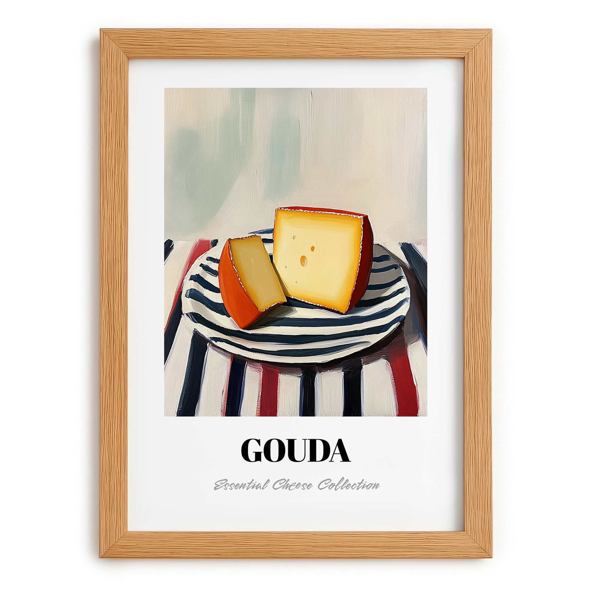 Gouda – on Striped Tablecloth, Cheese Painting, set in oak frame