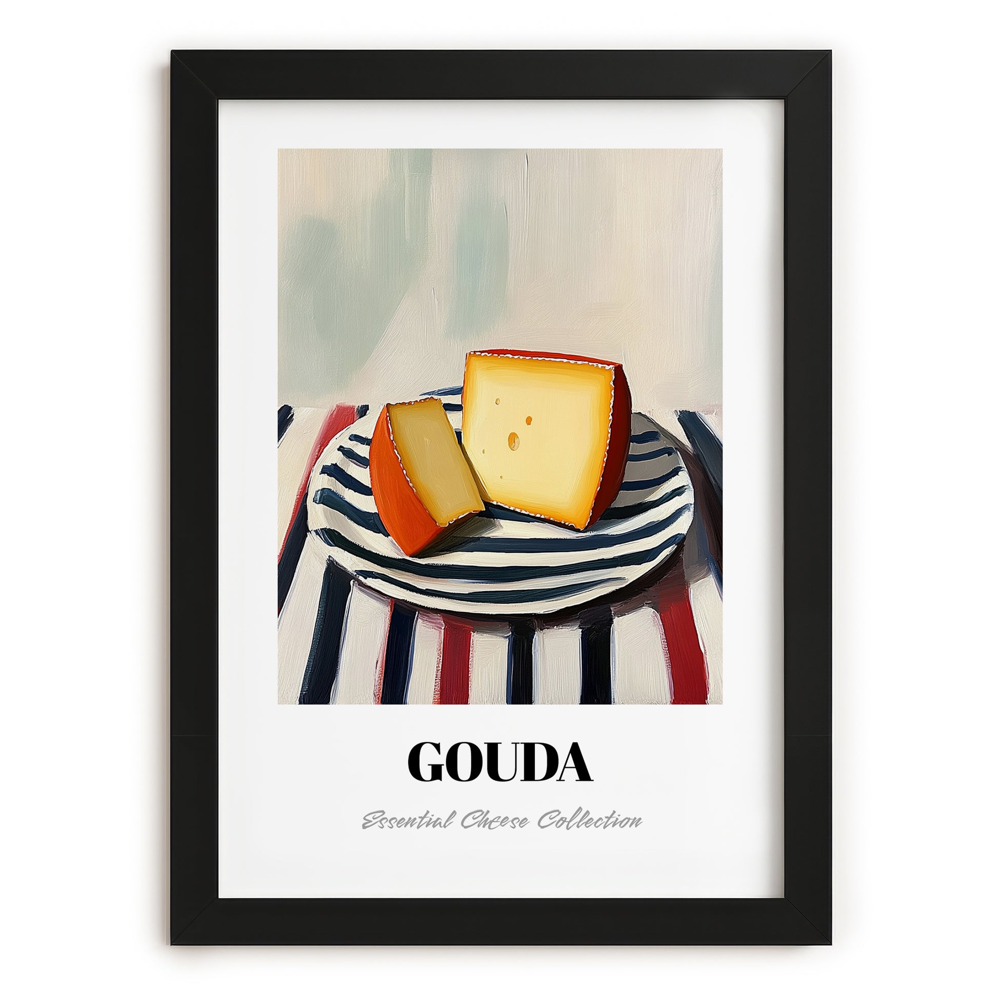 Gouda – on Striped Tablecloth, Cheese Painting, in sleek black frame