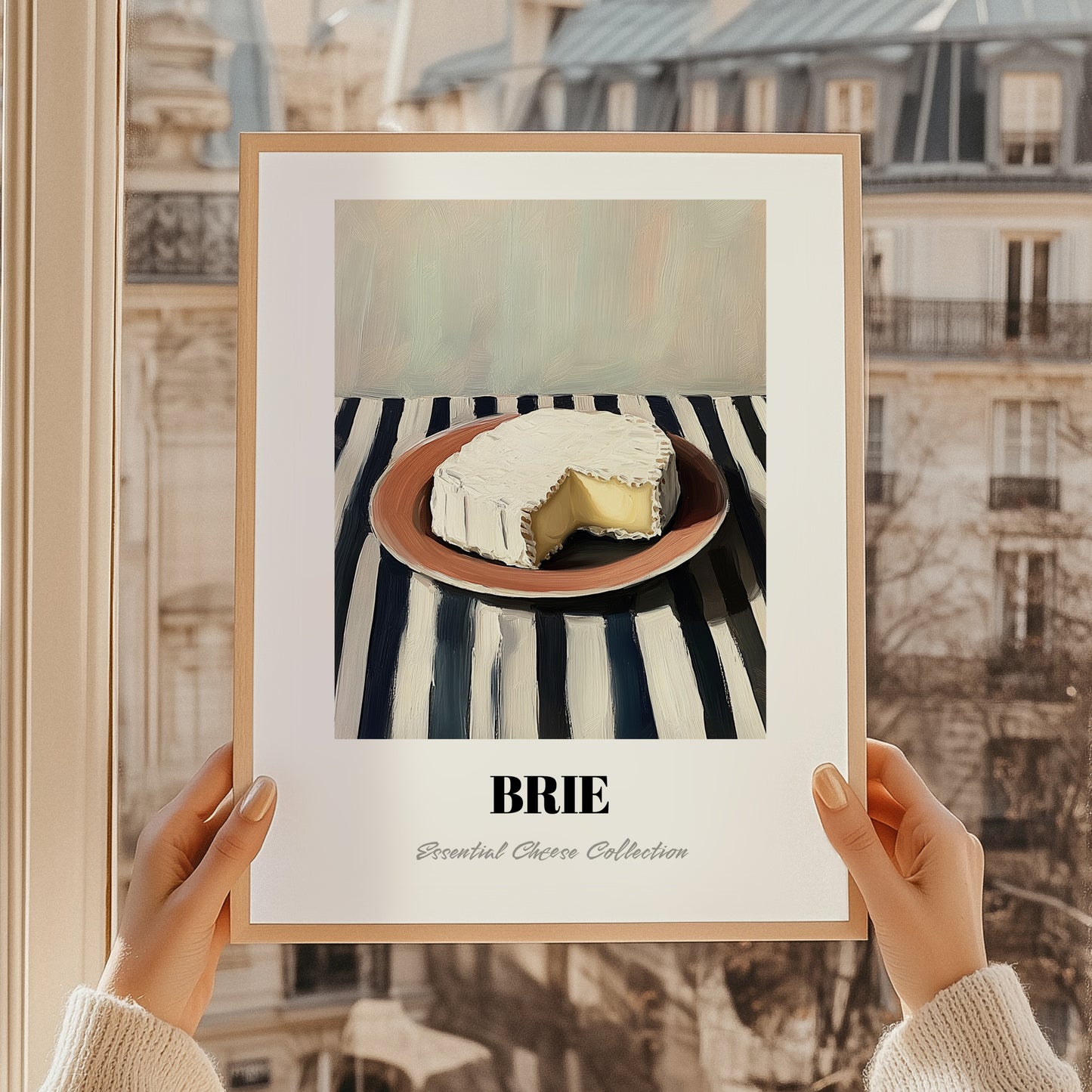 Brie – on Striped Tablecloth, Cheese Illustration, styled in a charming Paris street view