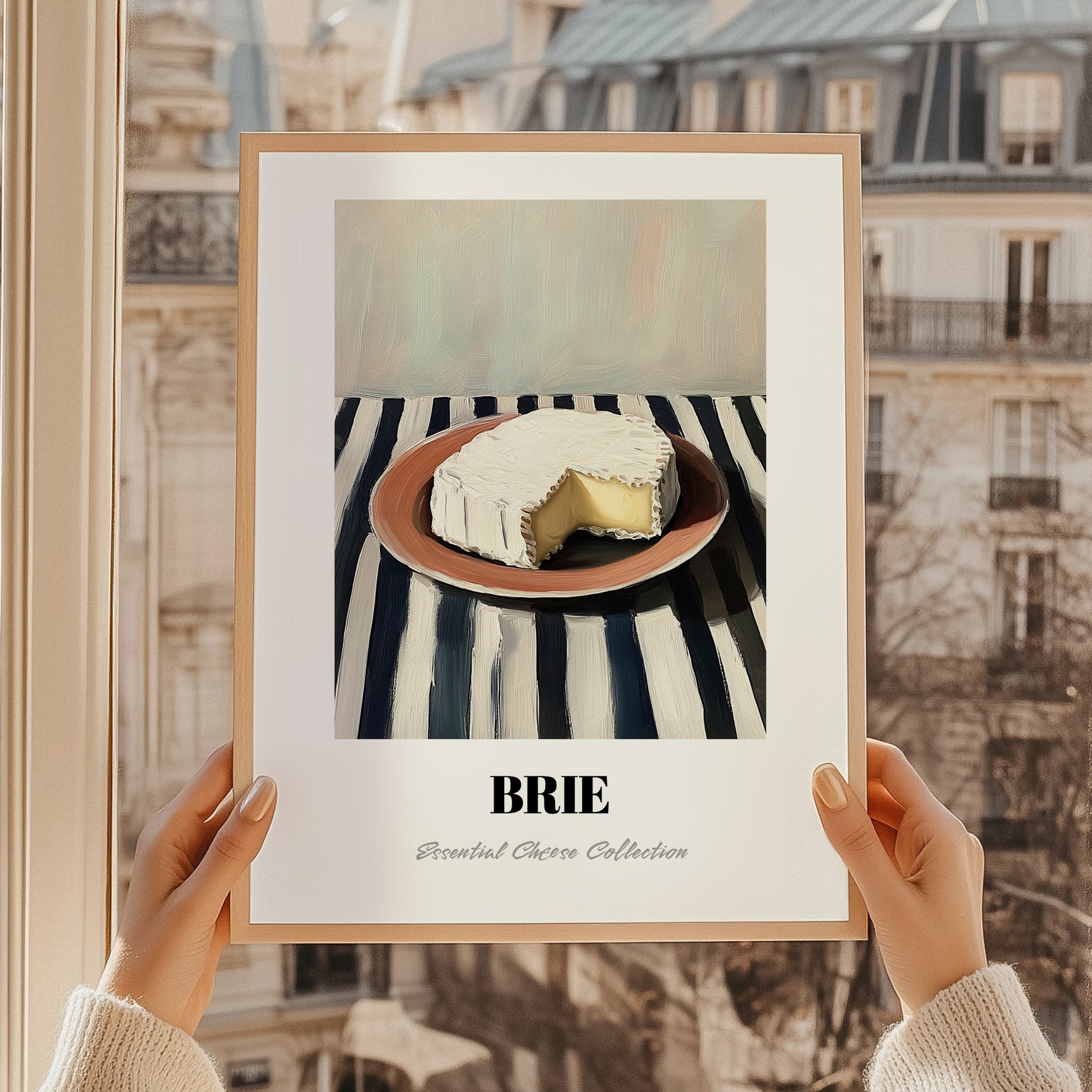 Brie – on Striped Tablecloth, Cheese Illustration, styled in a charming Paris street view