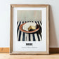 Brie – on Striped Tablecloth, Cheese Illustration, in wooden frame leaning on the floor