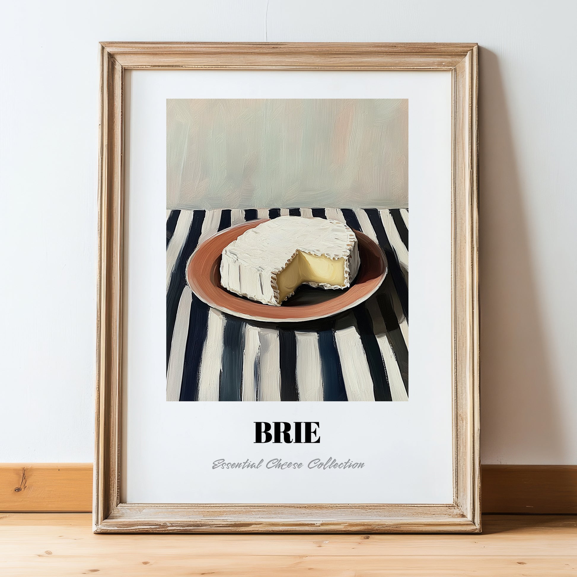 Brie – on Striped Tablecloth, Cheese Illustration, in wooden frame leaning on the floor
