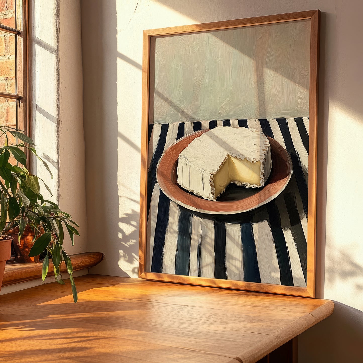Brie – on Striped Tablecloth, Cheese Illustration, clean layout with no caption