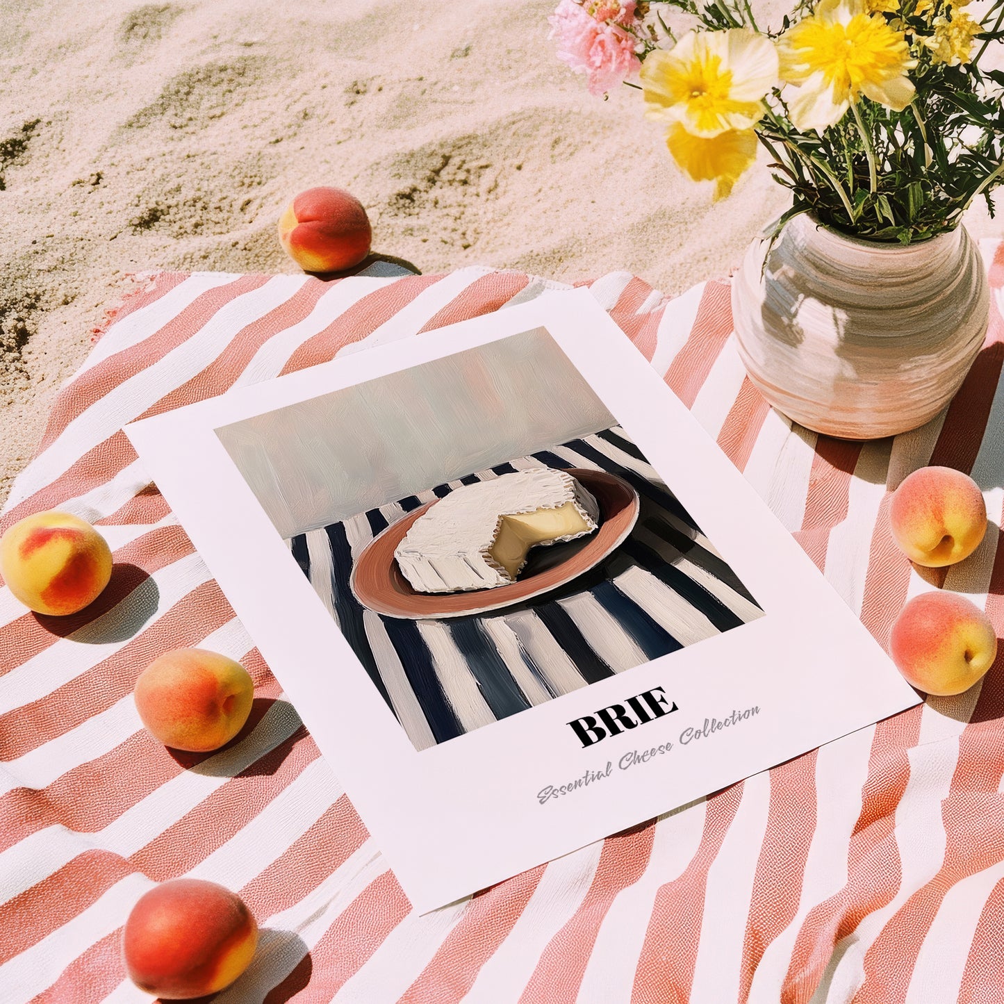 Brie – on Striped Tablecloth, Cheese Illustration, unframed on coastal sand