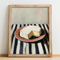 Brie – on Striped Tablecloth, Cheese Illustration, no-text version framed in wood