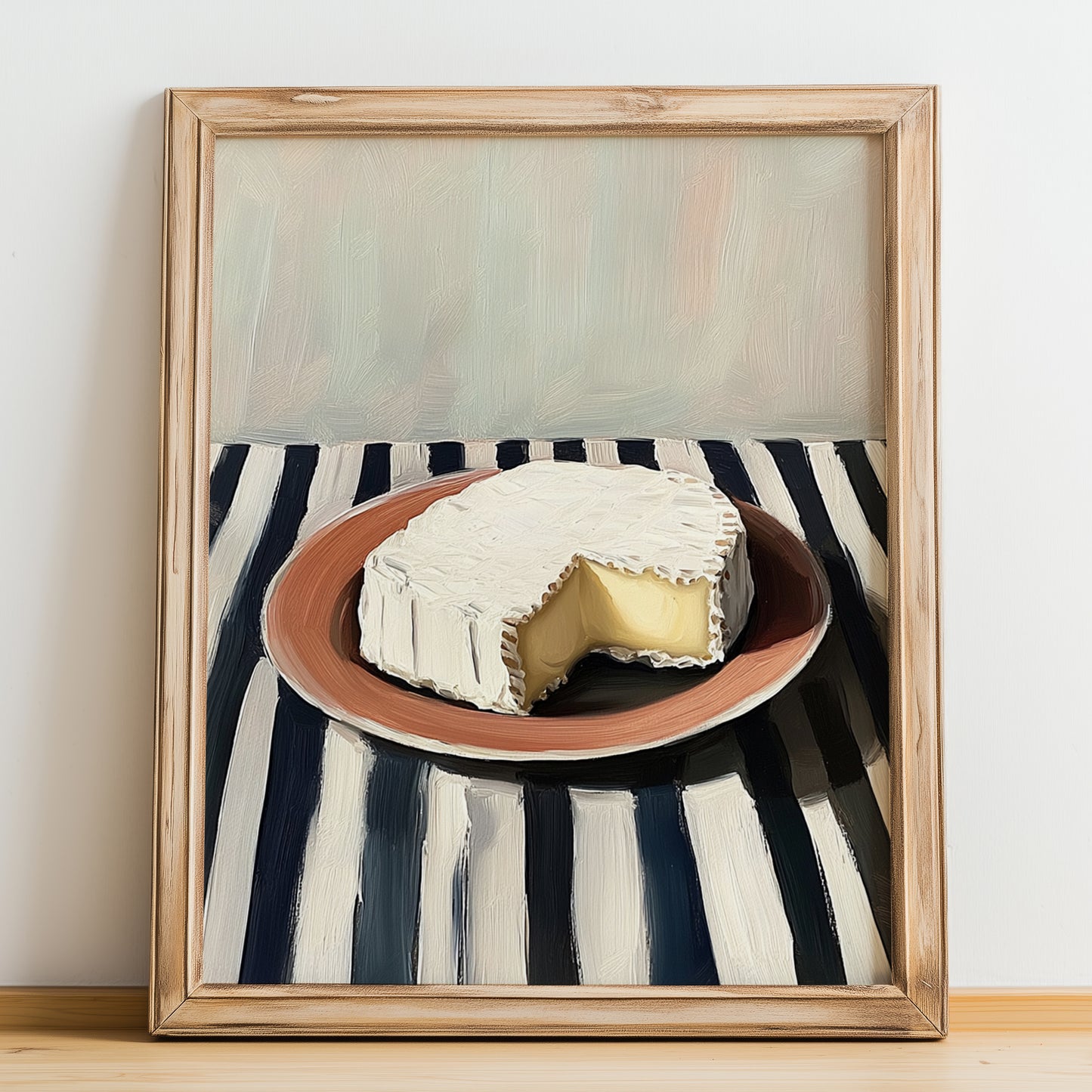 Brie – on Striped Tablecloth, Cheese Illustration, no-text version framed in wood