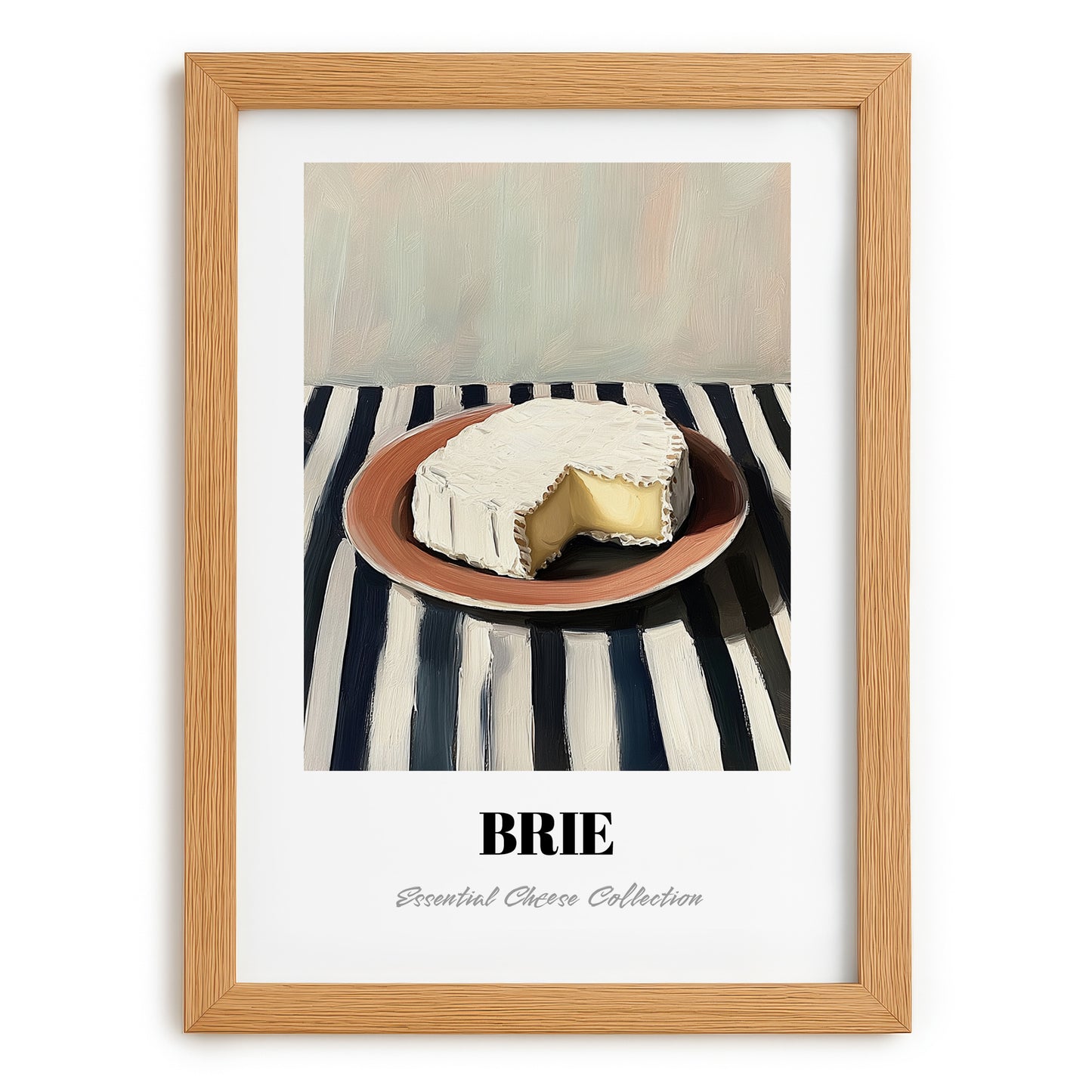 Brie – on Striped Tablecloth, Cheese Illustration, set in oak frame