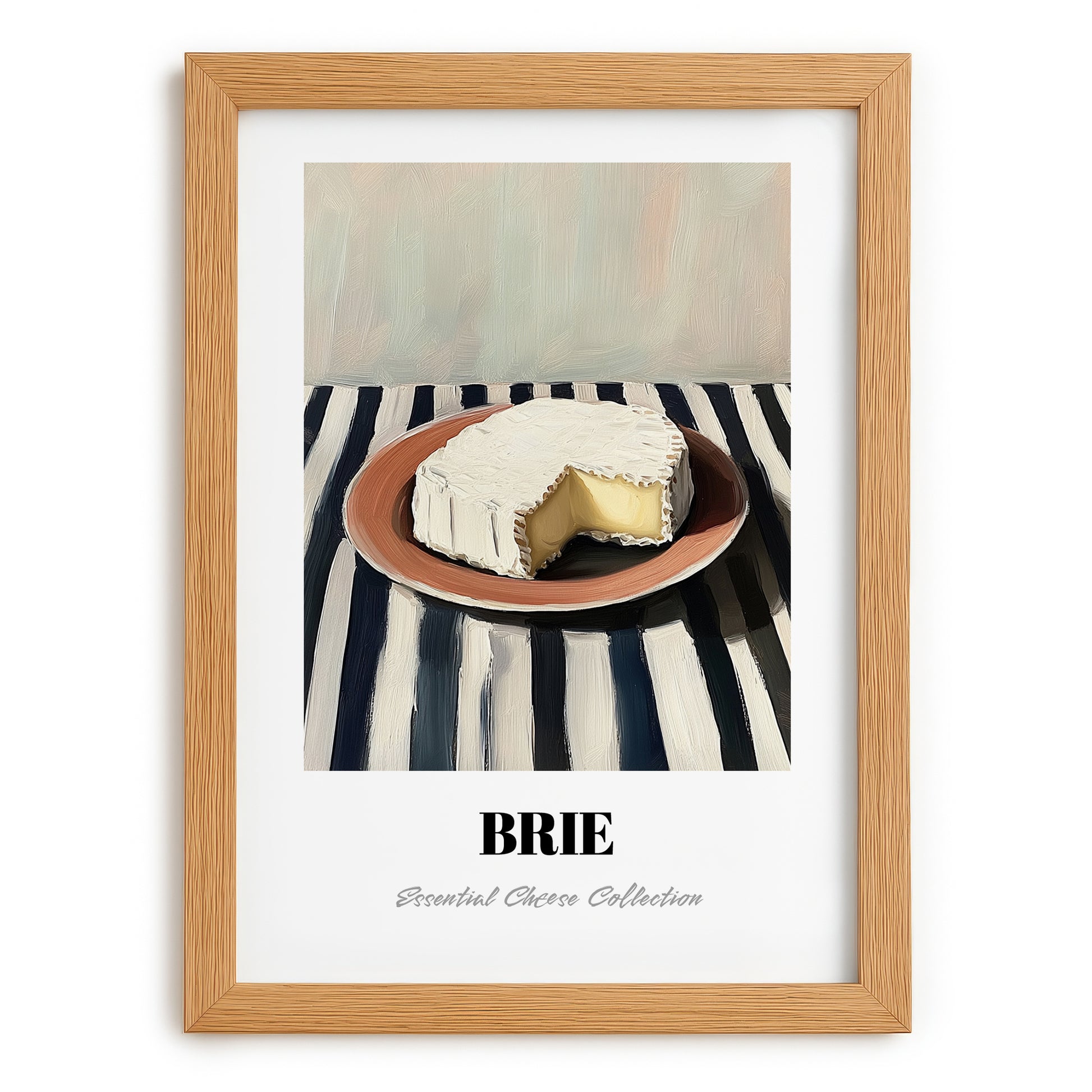 Brie – on Striped Tablecloth, Cheese Illustration, set in oak frame