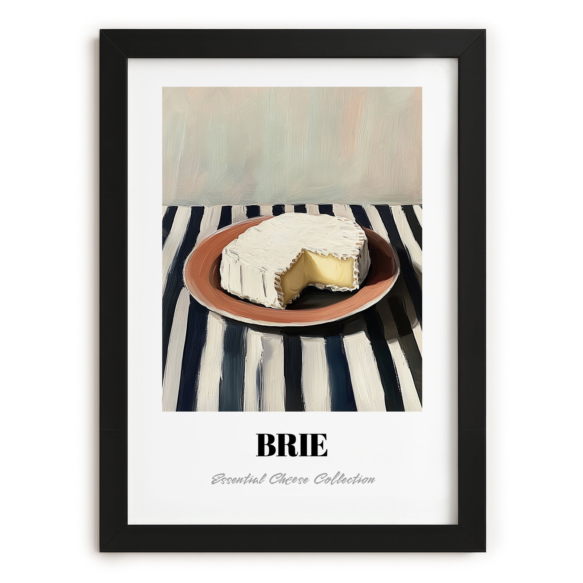 Brie – on Striped Tablecloth, Cheese Illustration, in sleek black frame