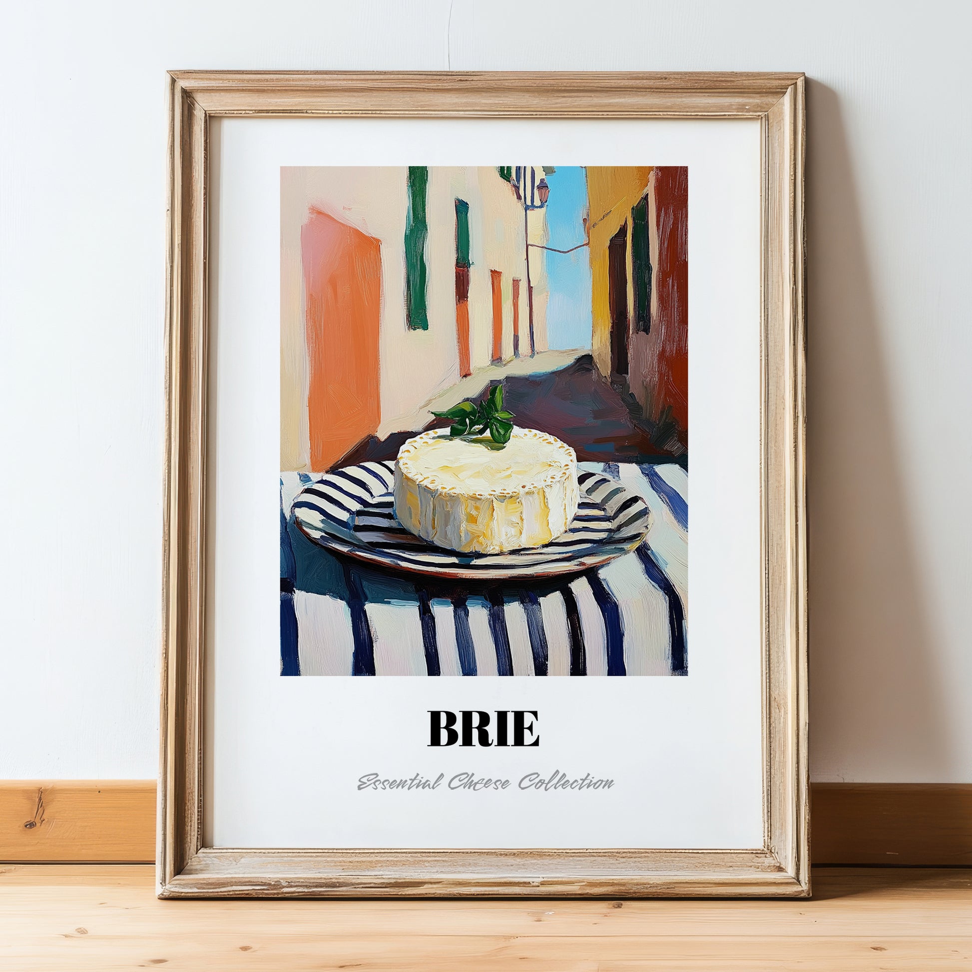 Brie – Italian Outdoor Café Scene, Cheese Poster, in wooden frame leaning on the floor