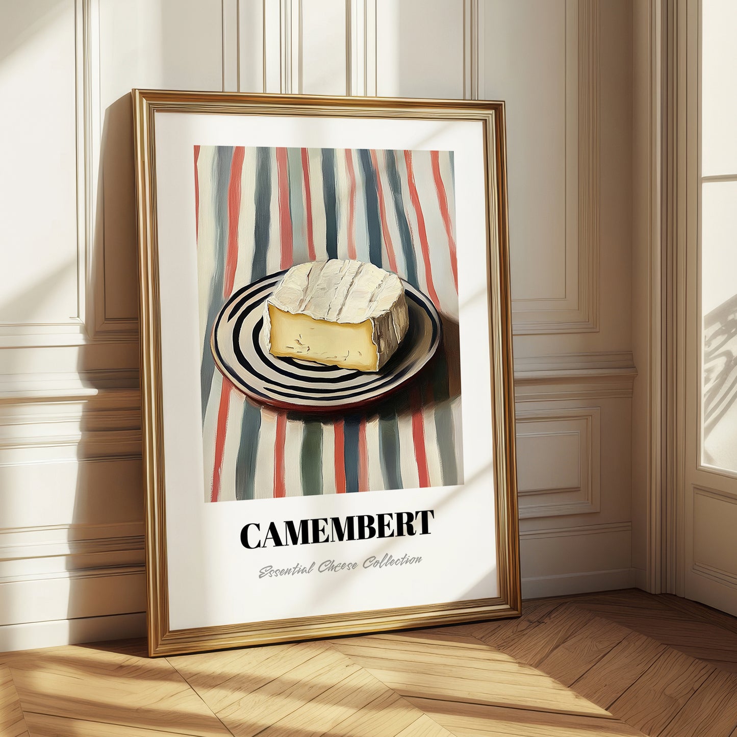 Camembert – on Striped Tablecloth, Cheese Painting