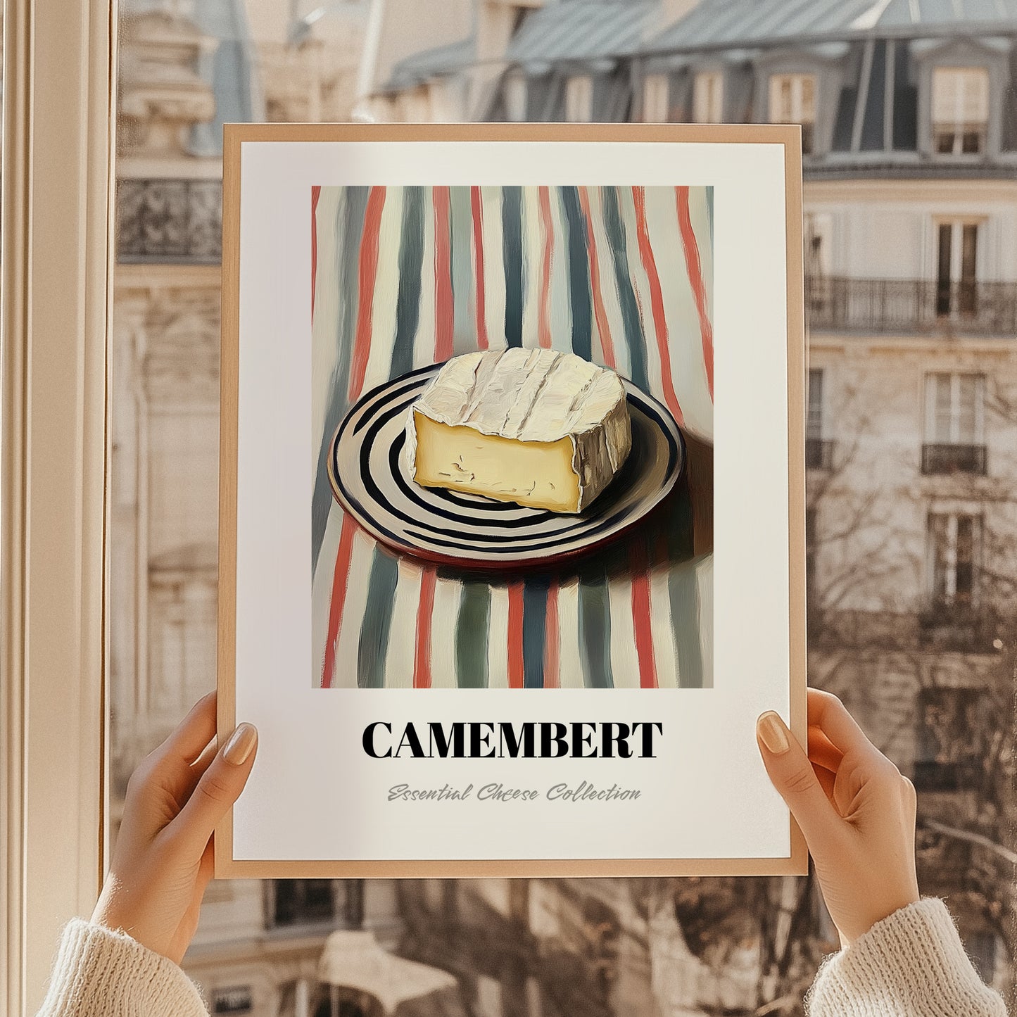 Camembert – on Striped Tablecloth, Cheese Painting, styled in a charming Paris street view