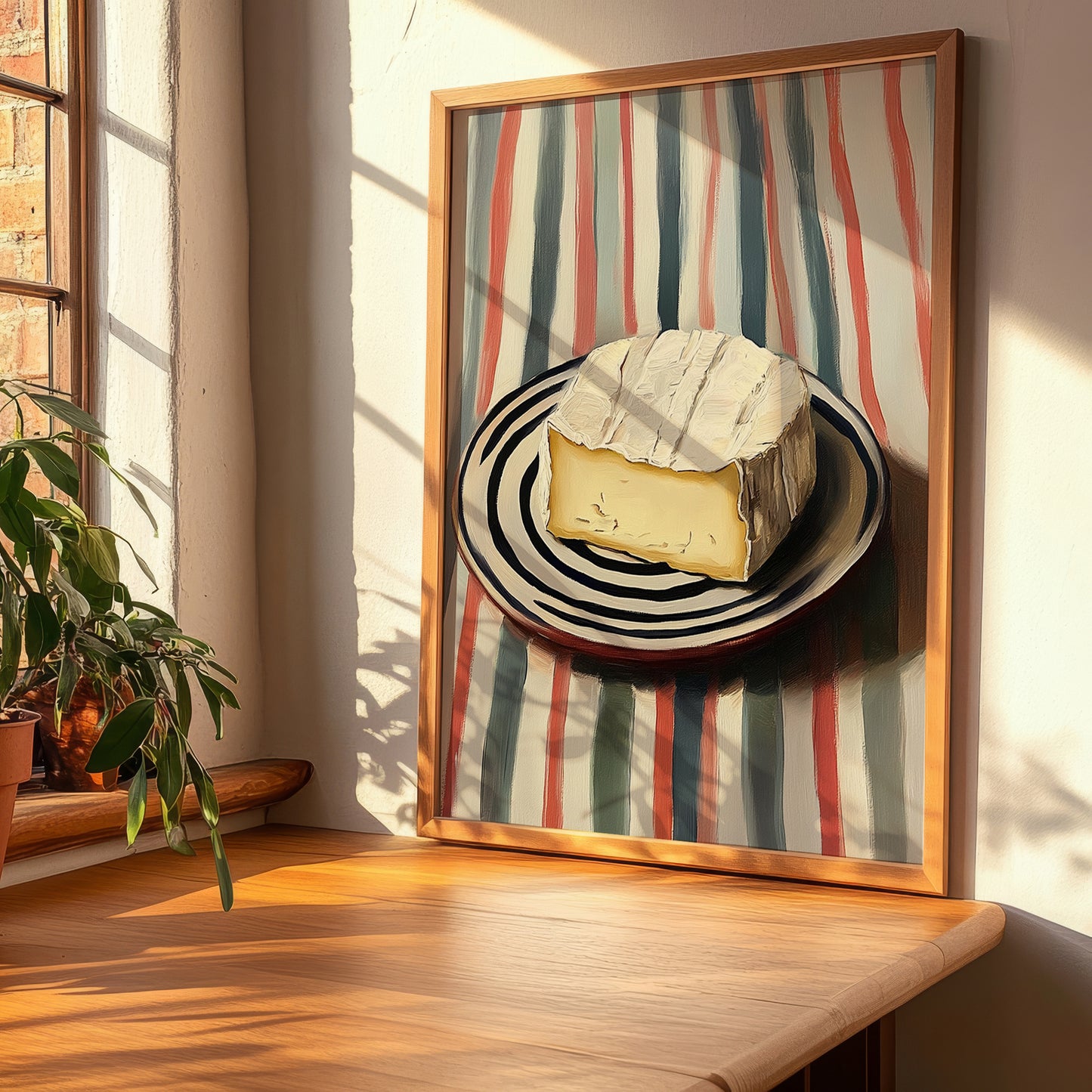 Camembert – on Striped Tablecloth, Cheese Painting, clean layout with no caption