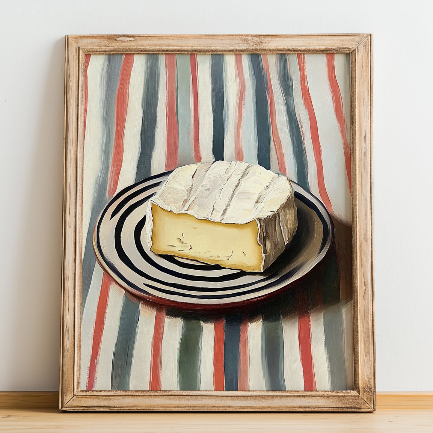 Camembert – on Striped Tablecloth, Cheese Painting, no-text version framed in wood