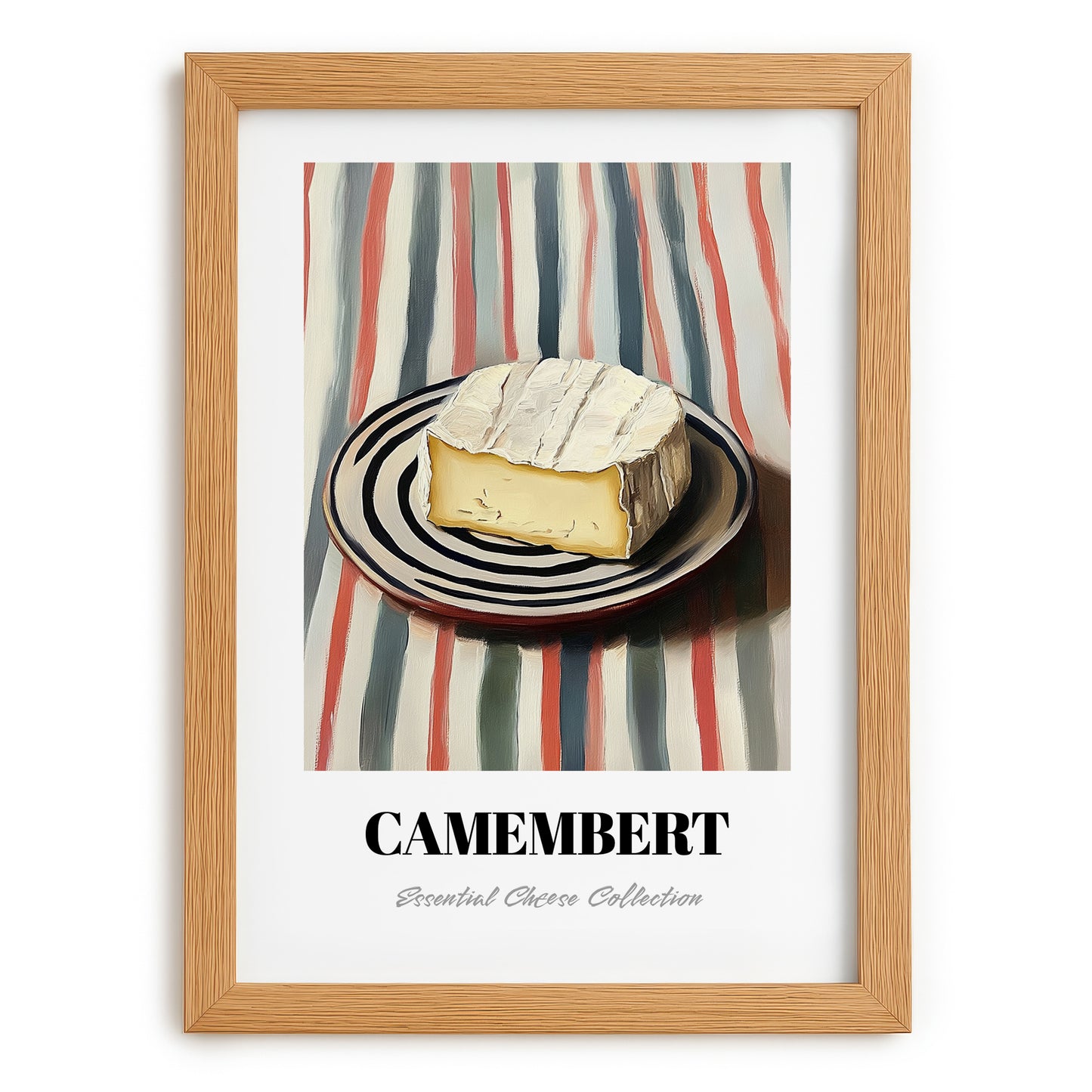 Camembert – on Striped Tablecloth, Cheese Painting, set in oak frame