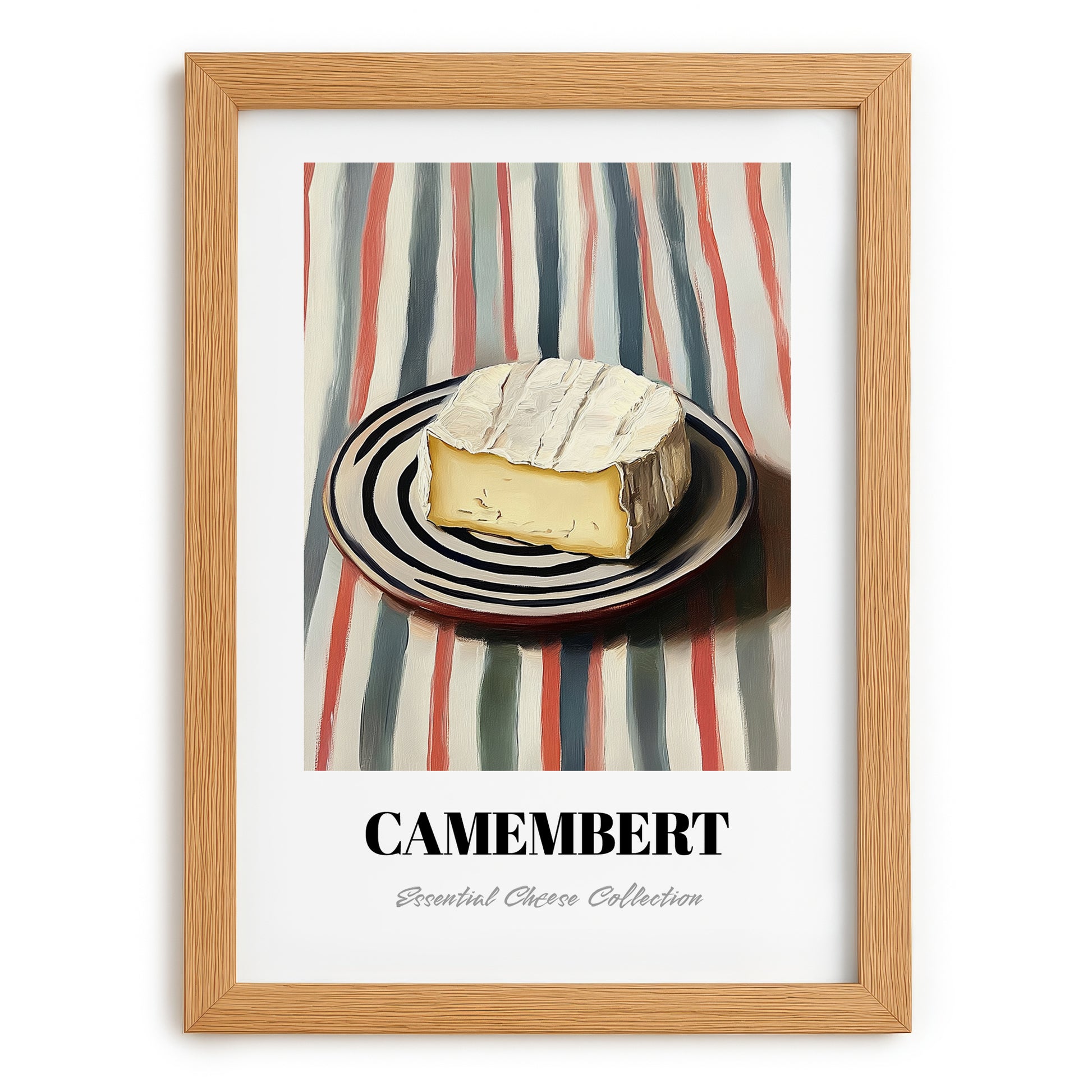 Camembert – on Striped Tablecloth, Cheese Painting, set in oak frame