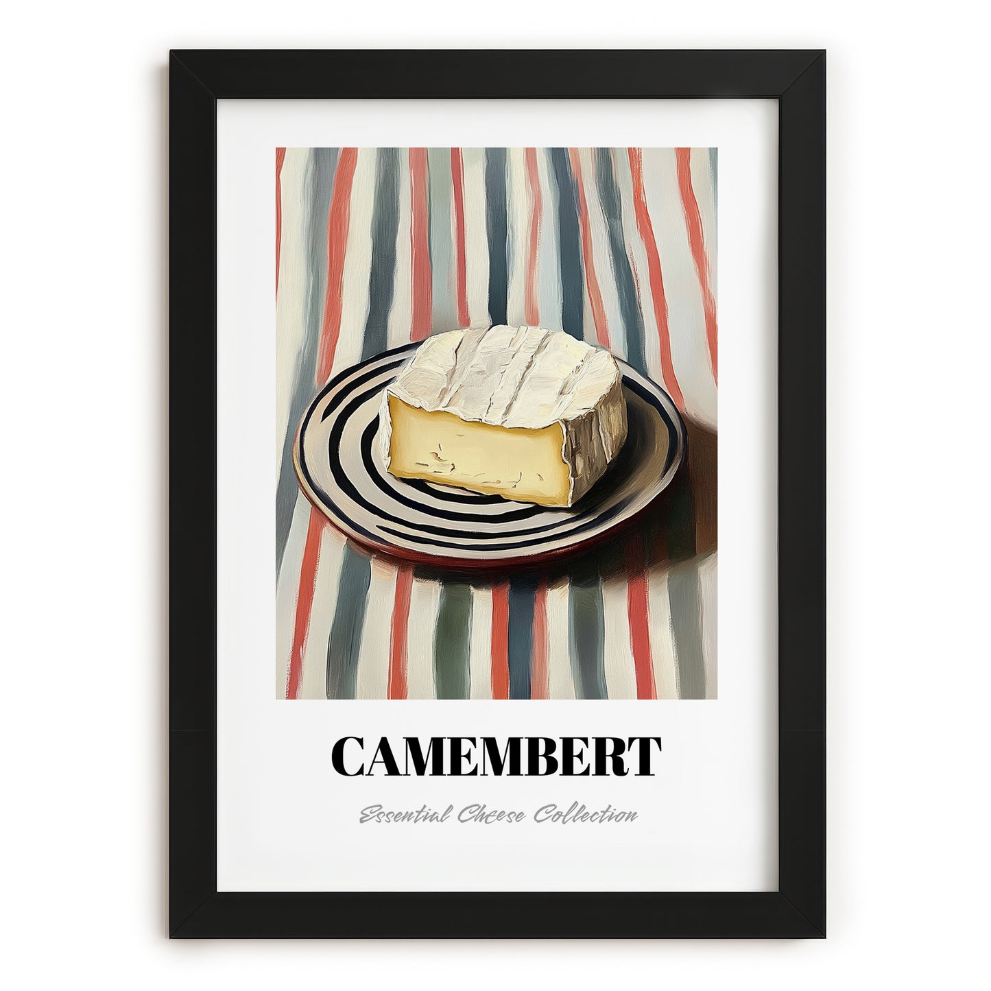 Camembert – on Striped Tablecloth, Cheese Painting, in sleek black frame