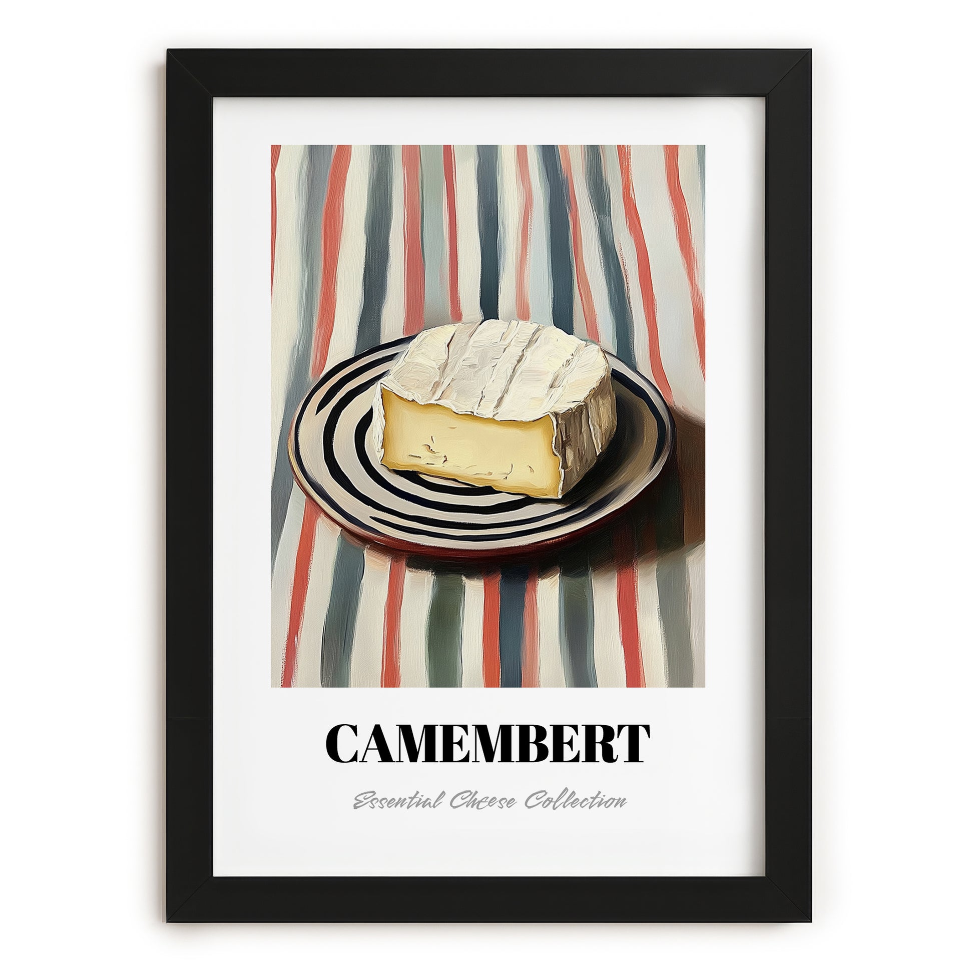 Camembert – on Striped Tablecloth, Cheese Painting, in sleek black frame
