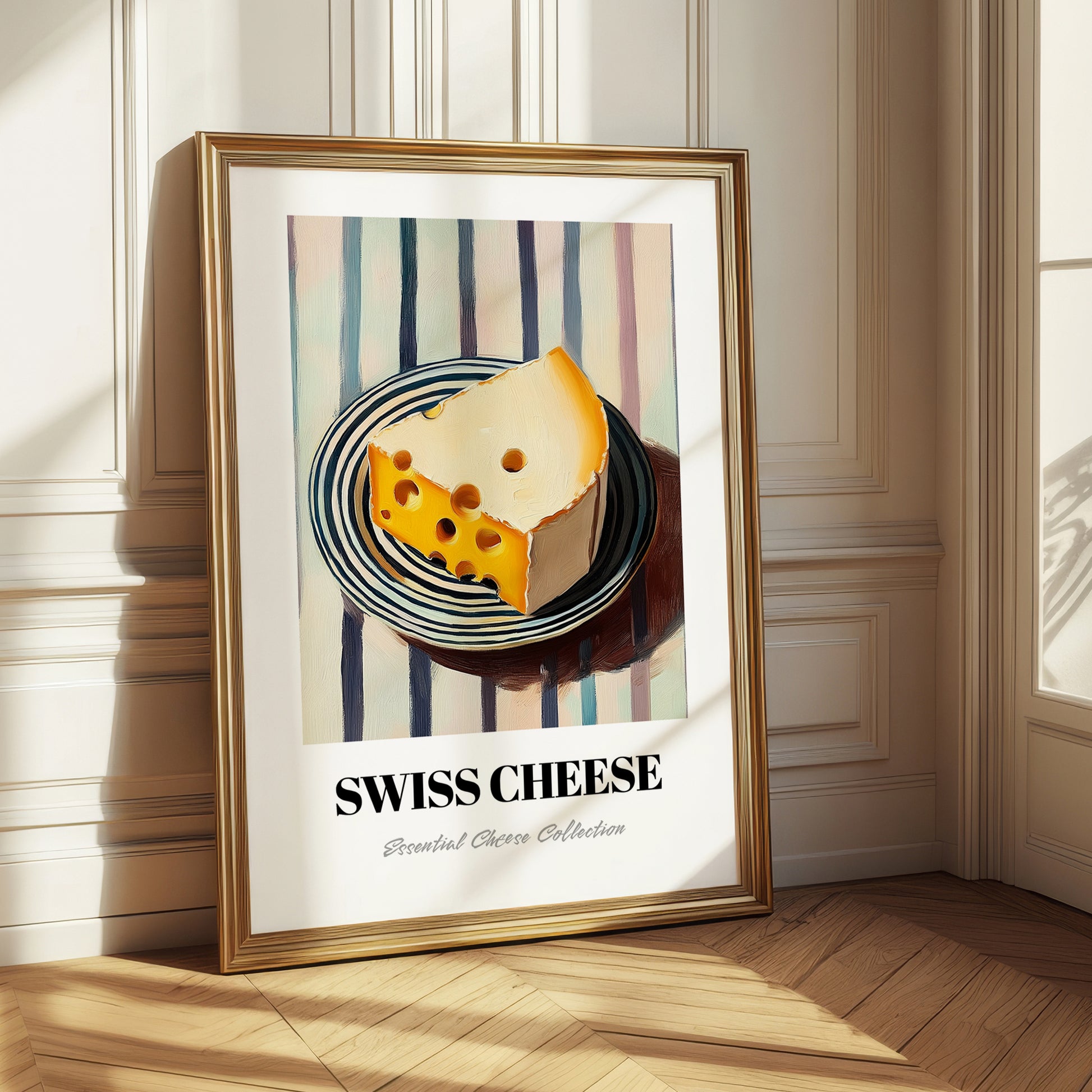 Swiss – on Striped Tablecloth, Cheese Wall Painting