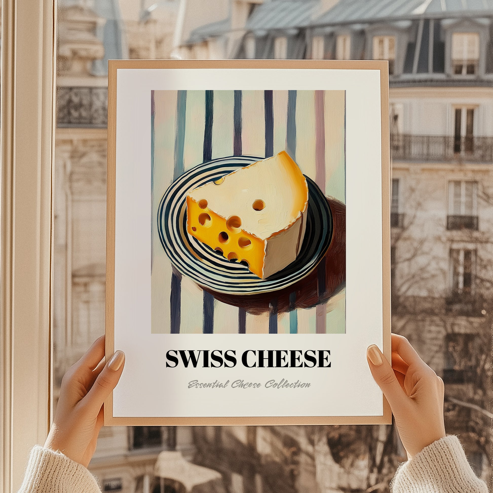 Swiss – on Striped Tablecloth, Cheese Wall Painting, styled in a charming Paris street view