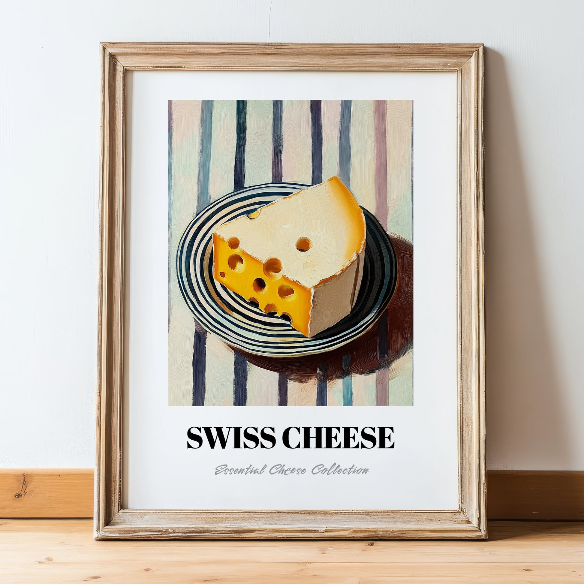 Swiss – on Striped Tablecloth, Cheese Wall Painting, in wooden frame leaning on the floor