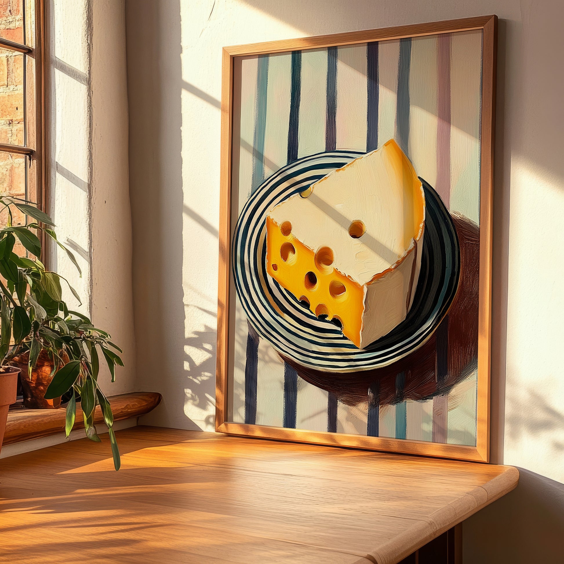 Swiss – on Striped Tablecloth, Cheese Wall Painting, clean layout with no caption