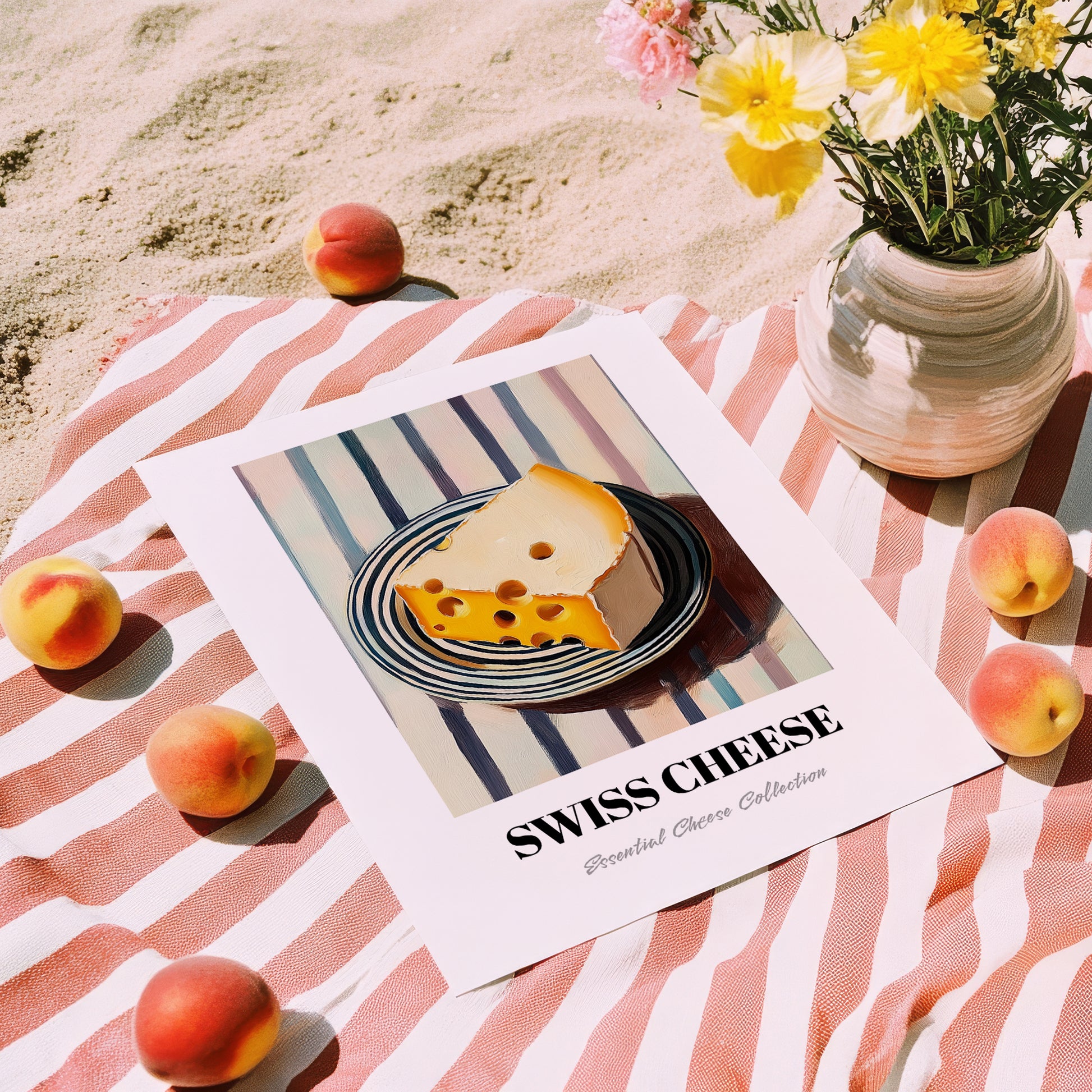Swiss – on Striped Tablecloth, Cheese Wall Painting, unframed on coastal sand
