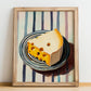 Swiss – on Striped Tablecloth, Cheese Wall Painting, no-text version framed in wood