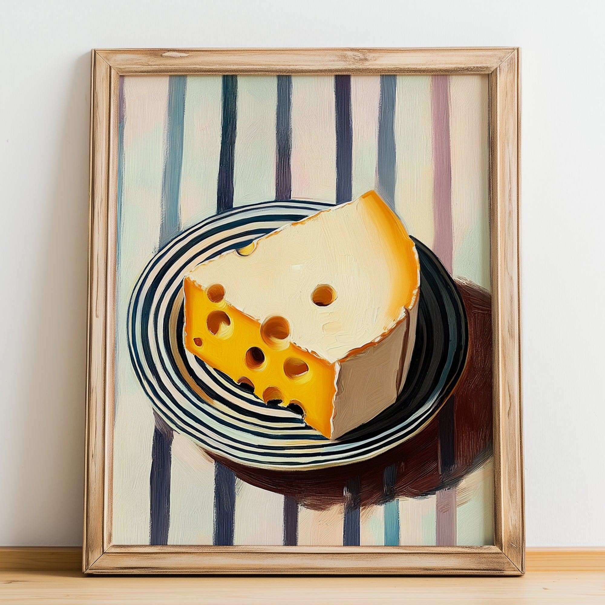 Swiss – on Striped Tablecloth, Cheese Wall Painting, no-text version framed in wood